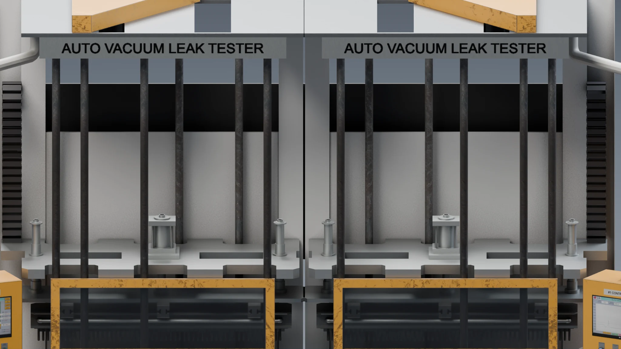 Close-up of vacuum testing machinery showing metal and painted surfaces