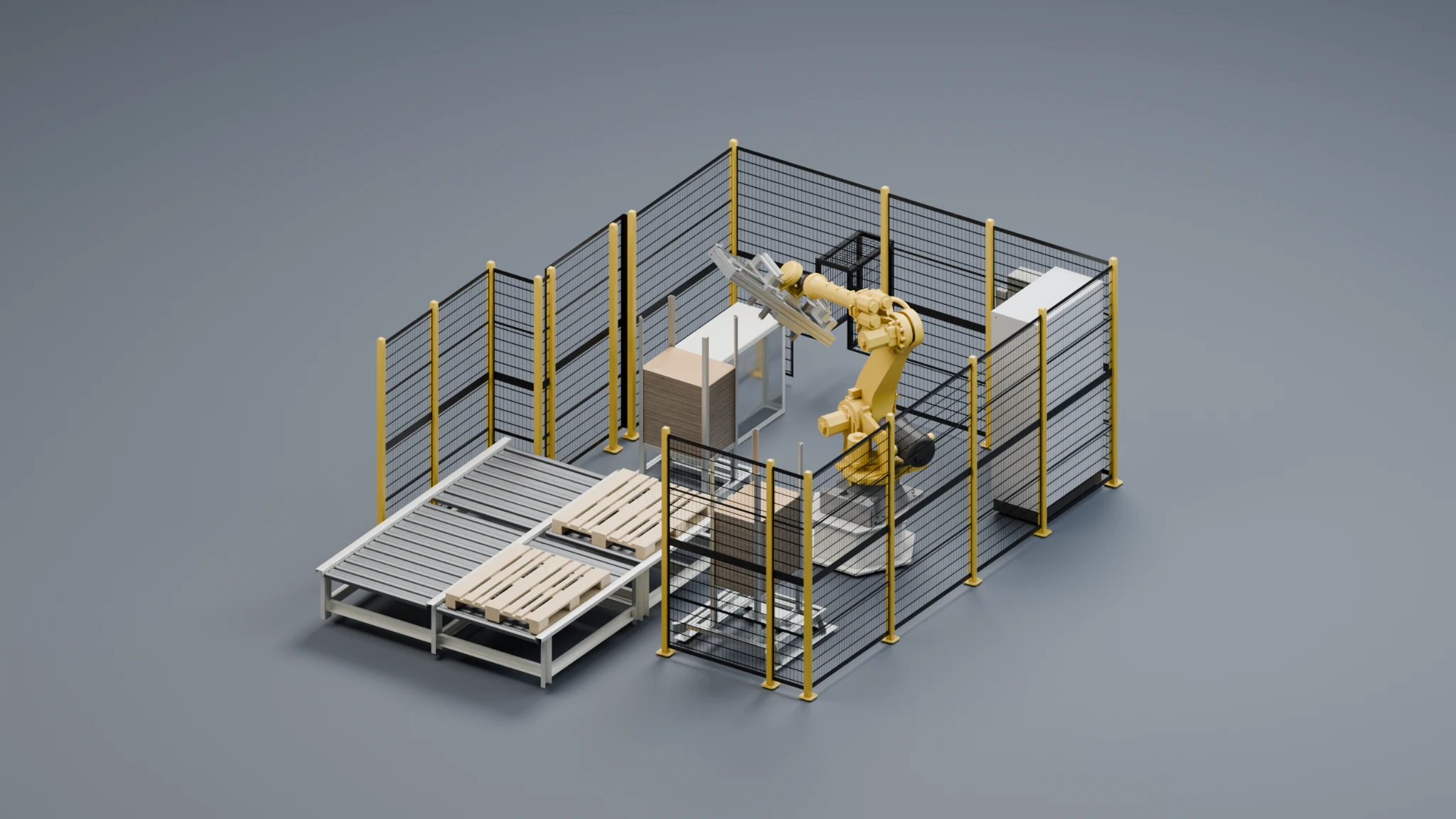 Robotic palletizing cell with safety fencing