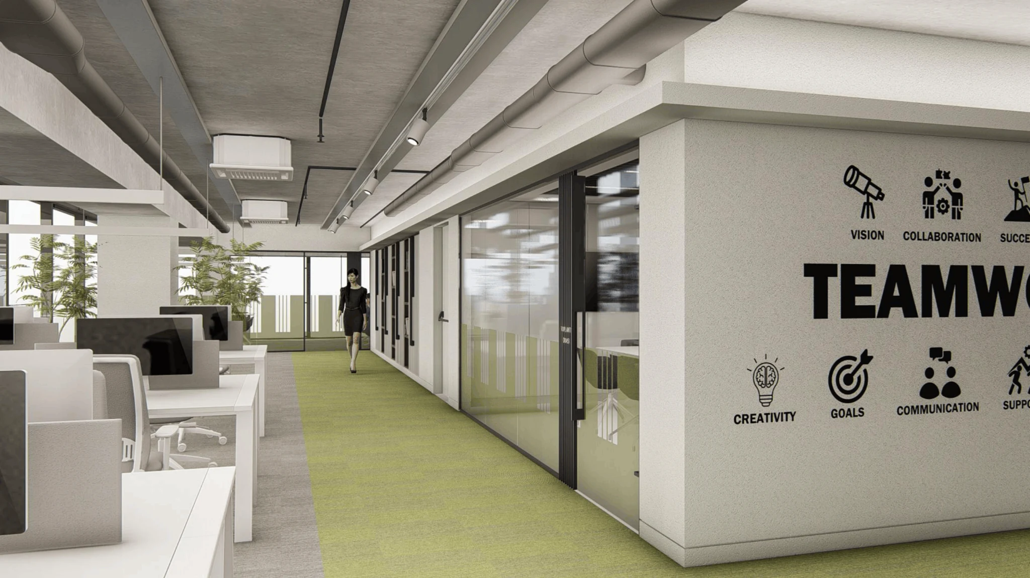 Open office circulation / workstations and meeting rooms