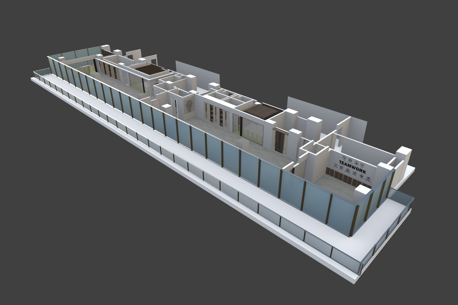 Upper-level architectural scene assembly / spatial composition