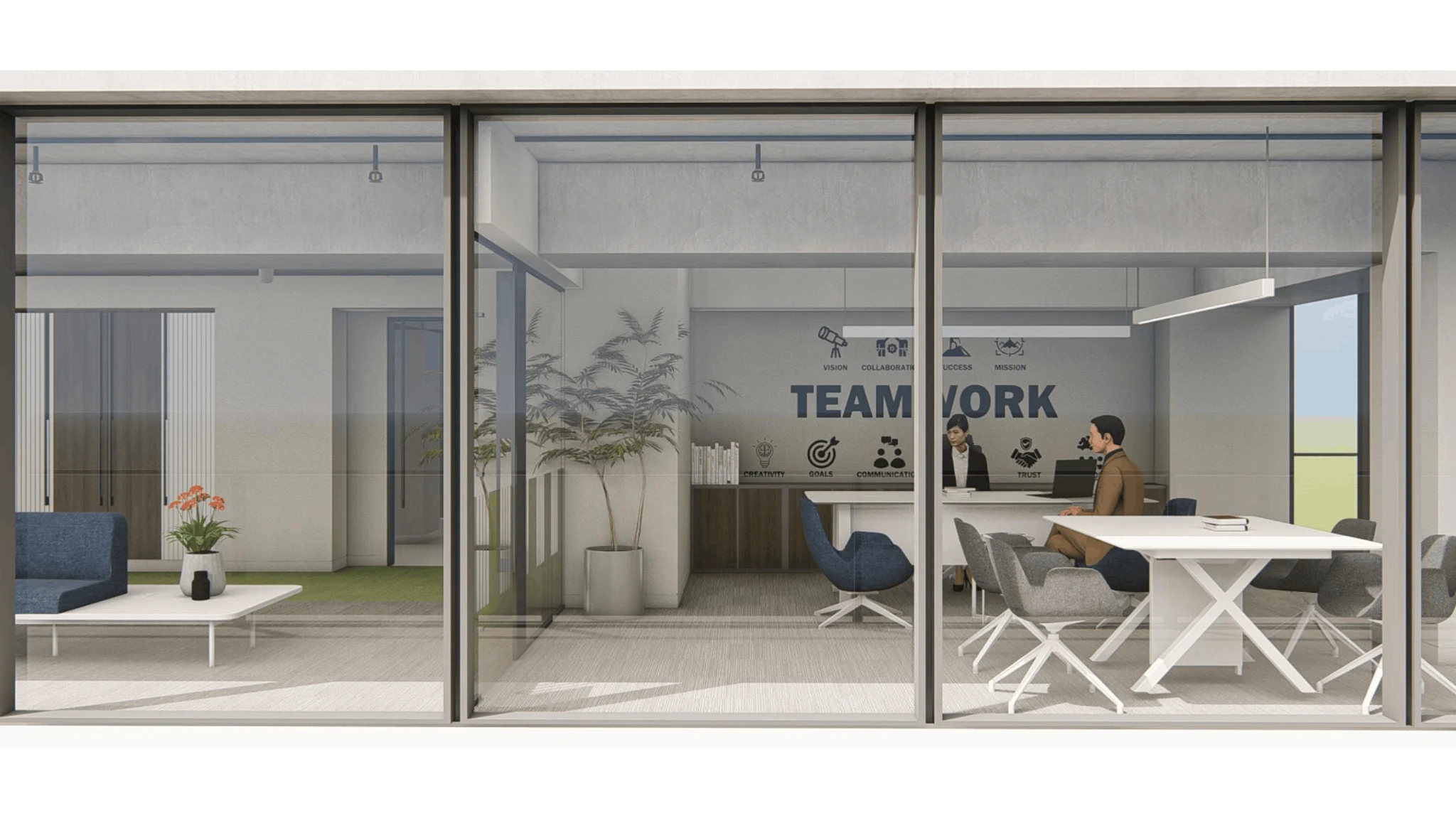 Upper-level exterior glazing / meeting-room perspective