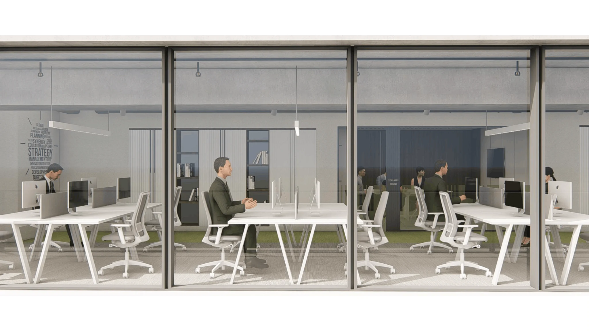 Workstations viewed through glazed interior partition