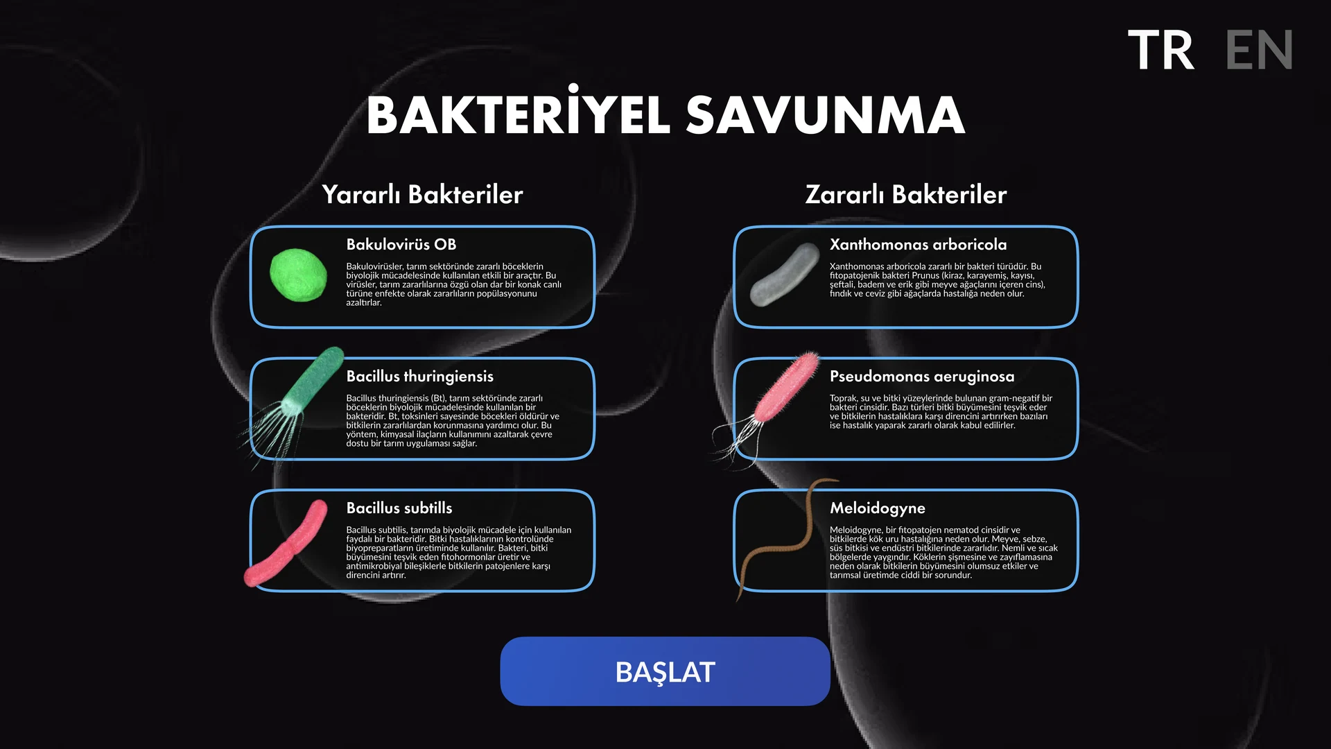 Bacterial defense interface showing useful bacteria and harmful bacteria grouped into two columns