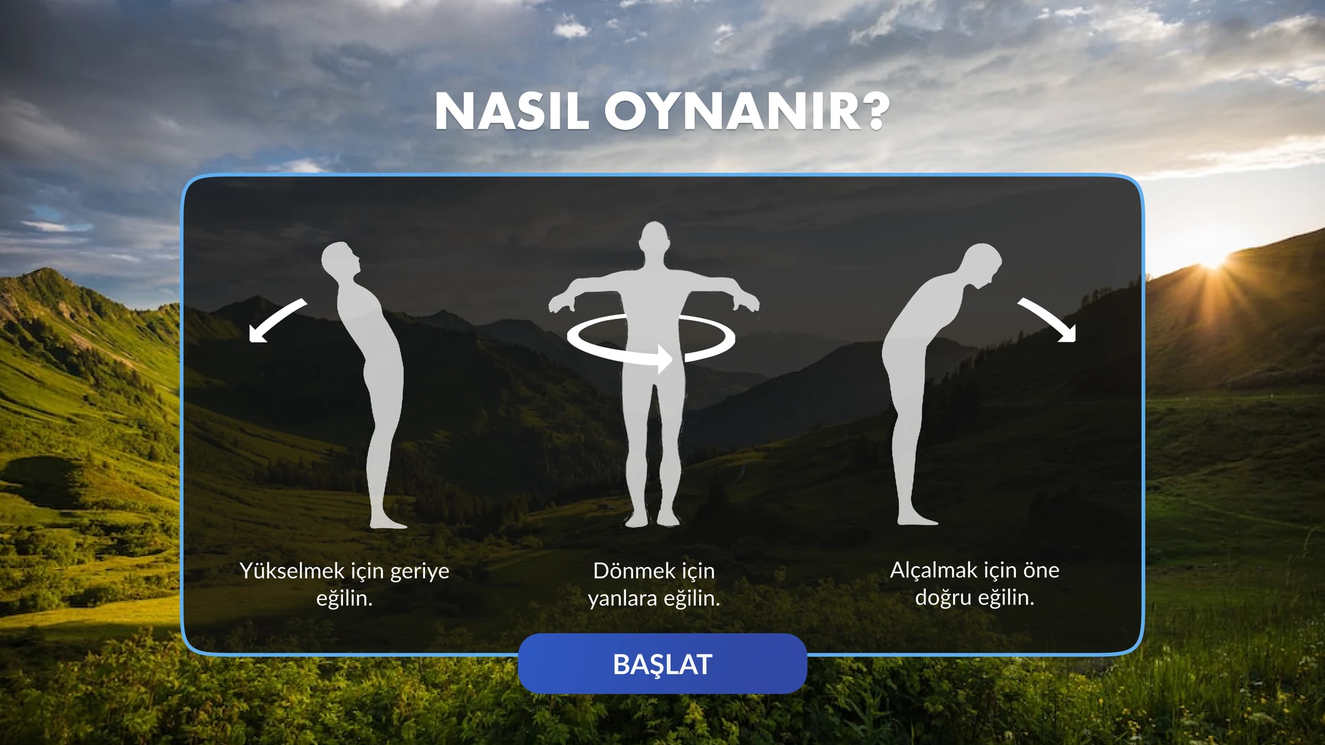 Flight Simulation how-to screen with three body postures and a start button