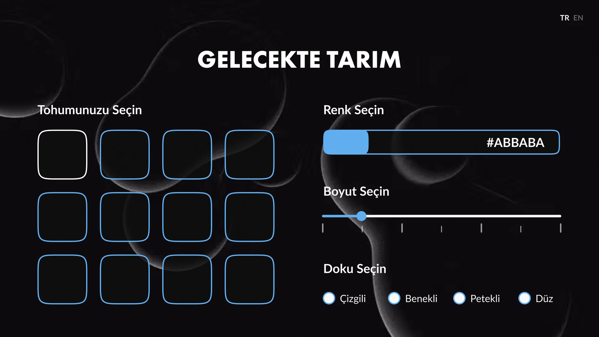 Future Farming UI with seed selection tiles and controls for color, size and texture