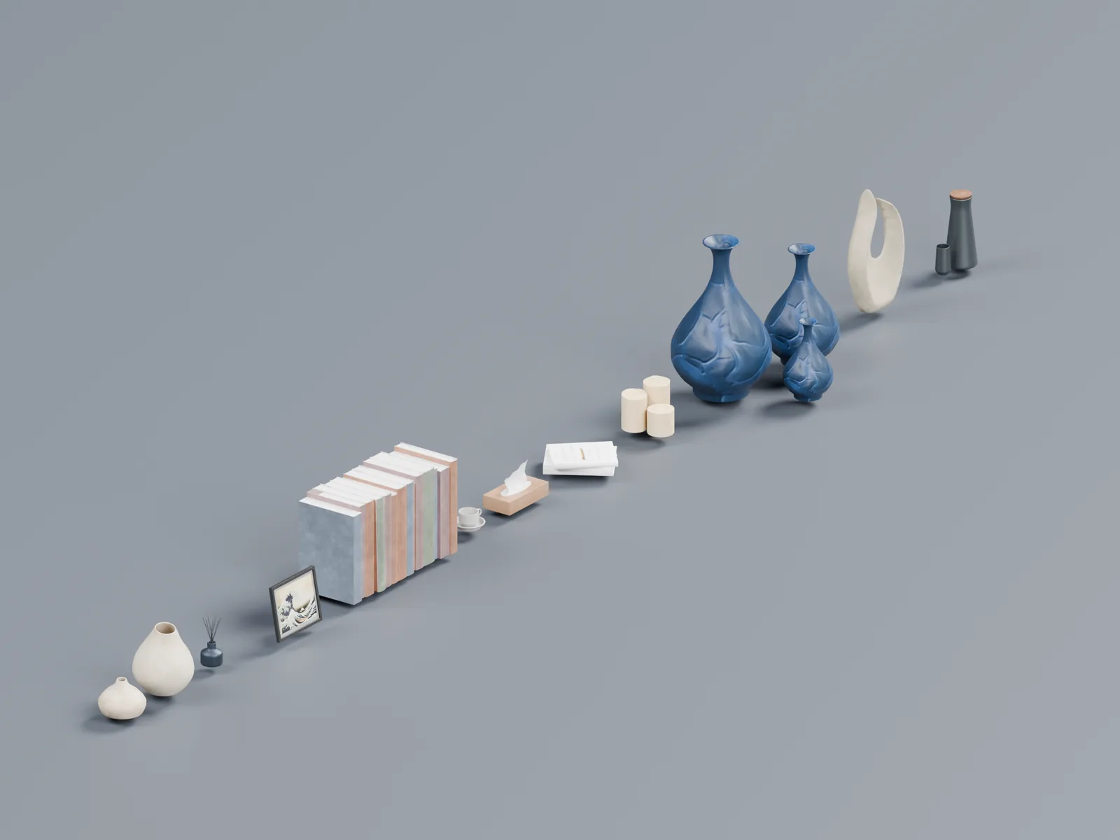 9Props: a line of vases, books, candles, frames, perfume bottles and a saucer