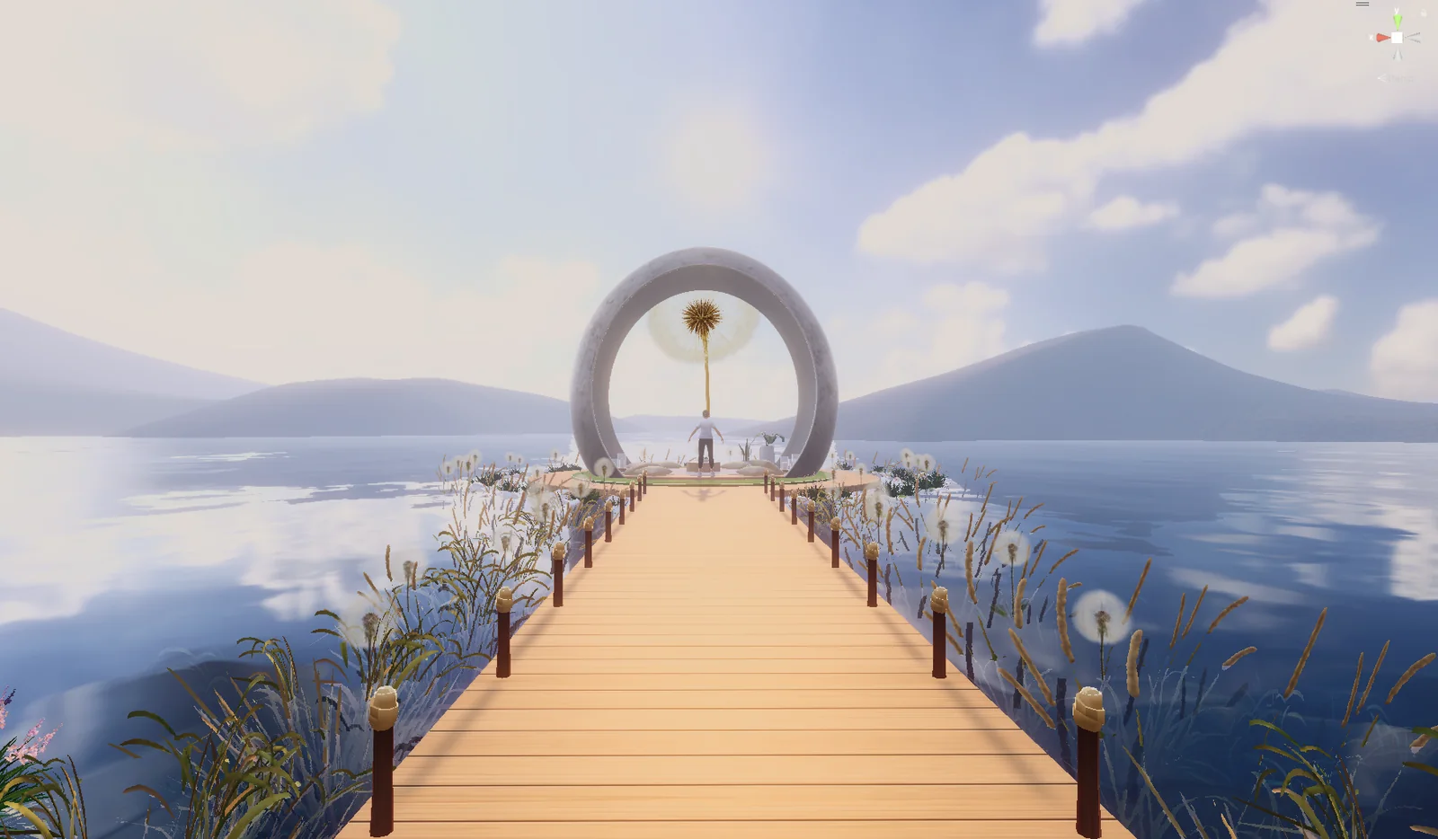 Boardwalk lined with posts, reeds and dandelions leading across the lake to the ring pavilion