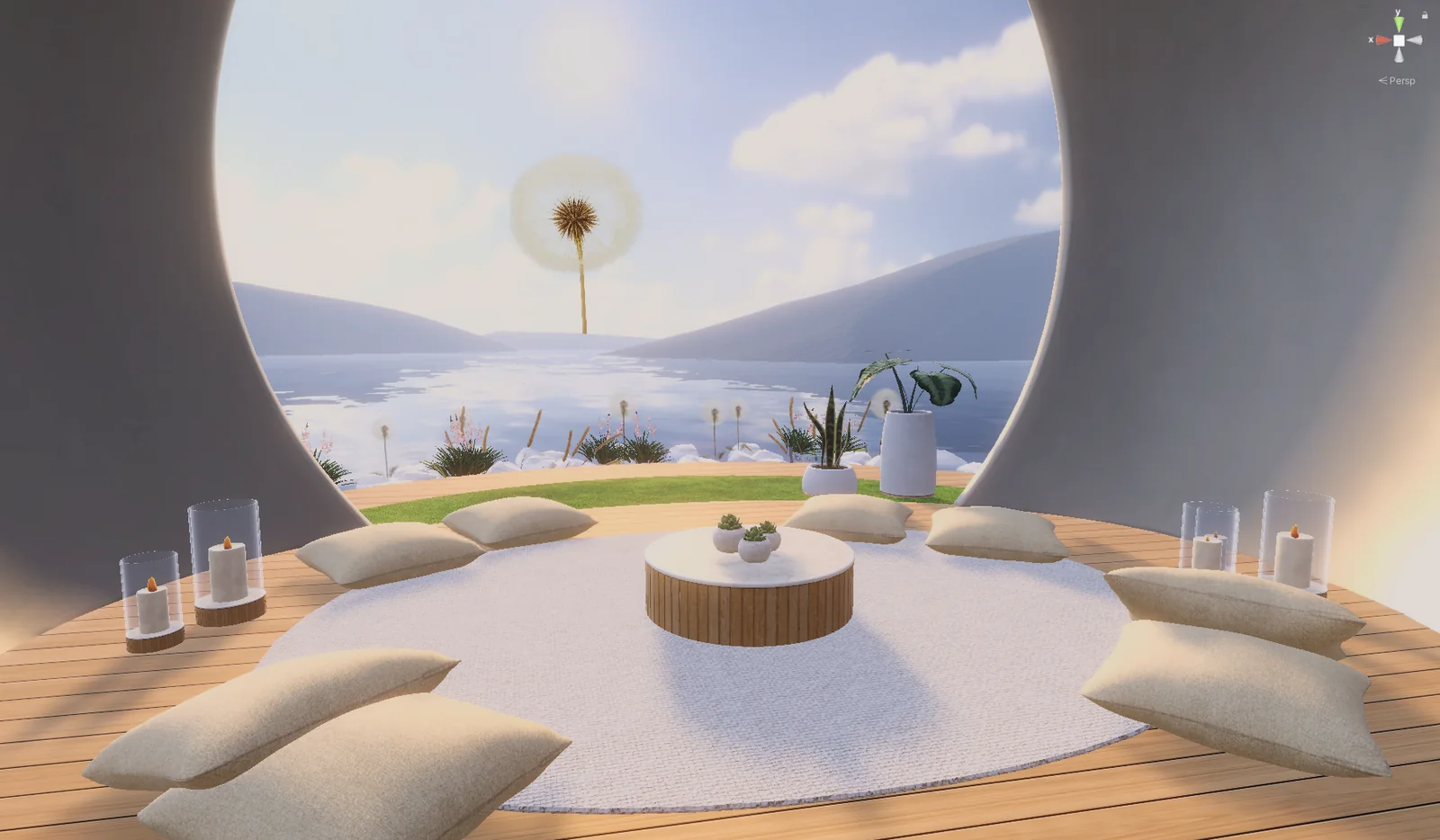 Floor cushions arranged around a round timber table inside the pavilion