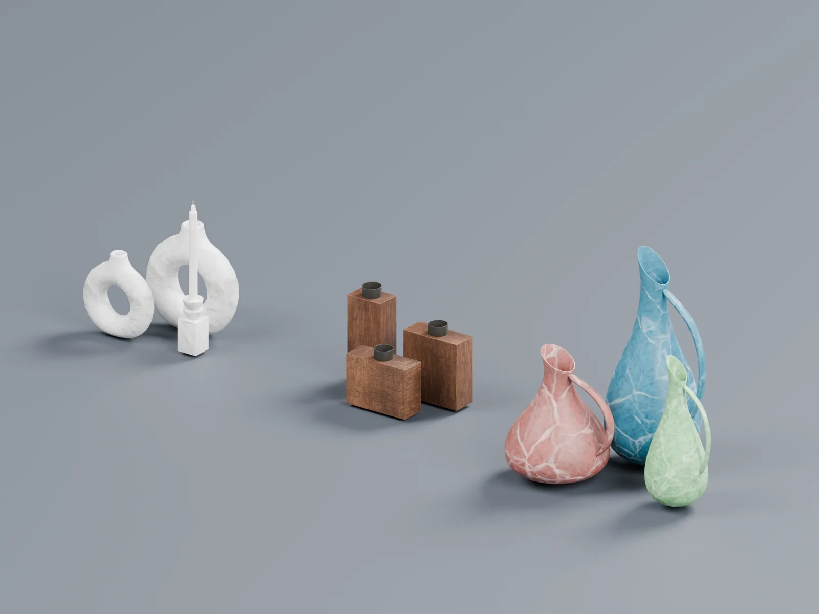 Prop Set A: ring vases, candle, wooden candle blocks and three marbled ceramic bottles