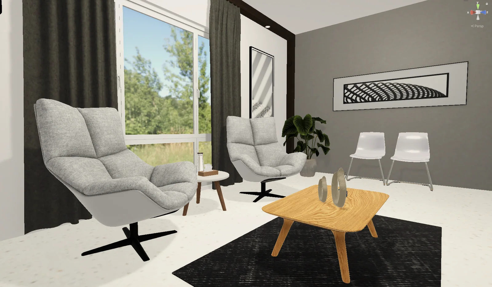 Room B lounge: grey Cova Chairs by a large window with a timber coffee table