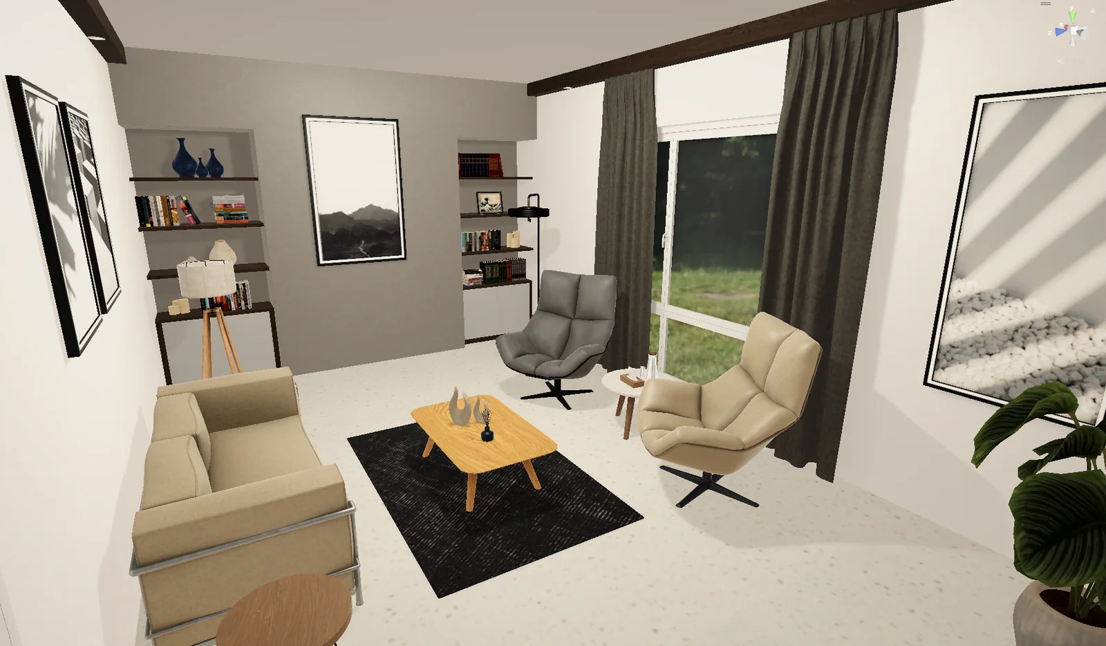 Room B overview: sofa, two Cova Chairs, coffee table on a black rug, shelving and a curtained window