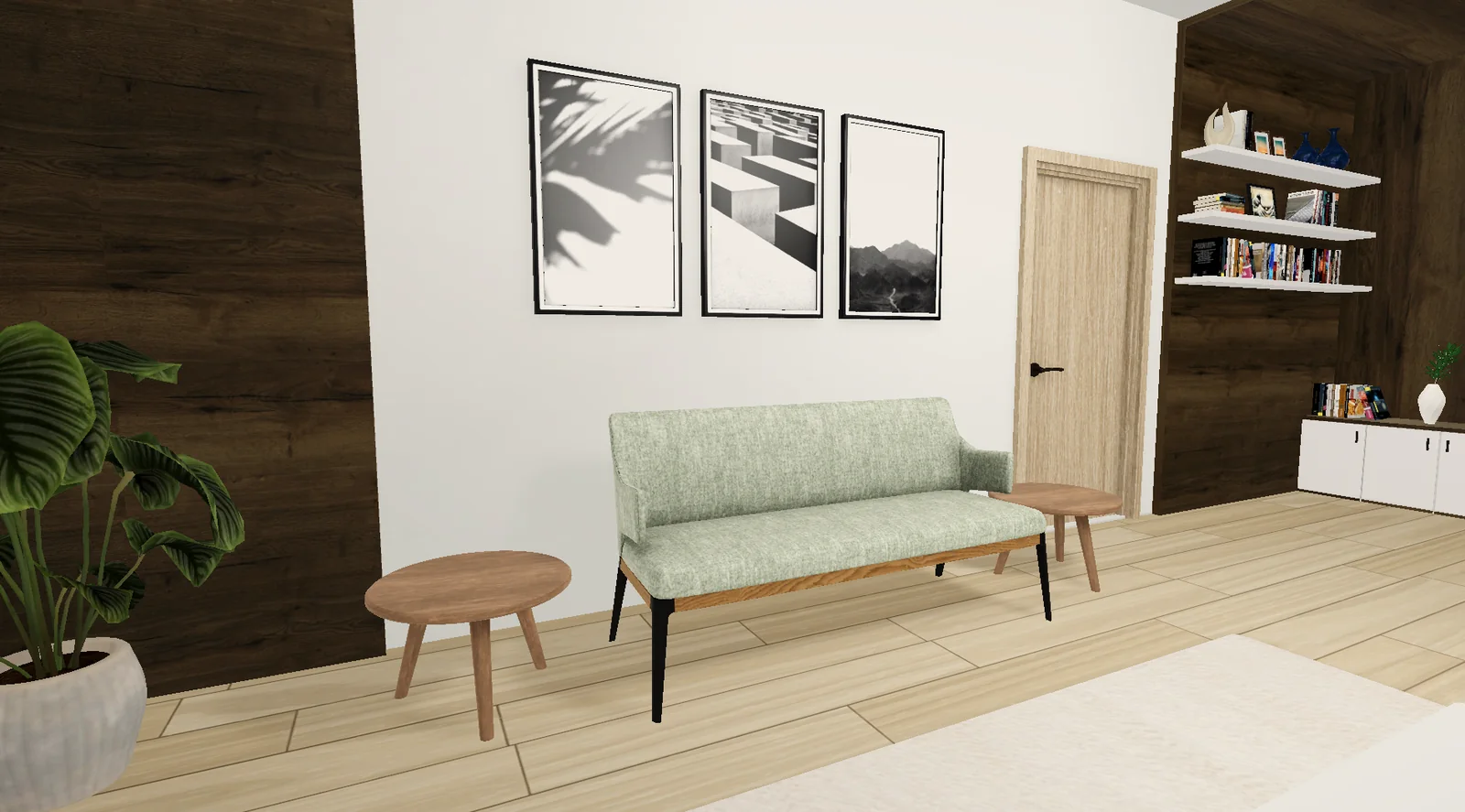 Room A with a green fabric loveseat between two round side tables