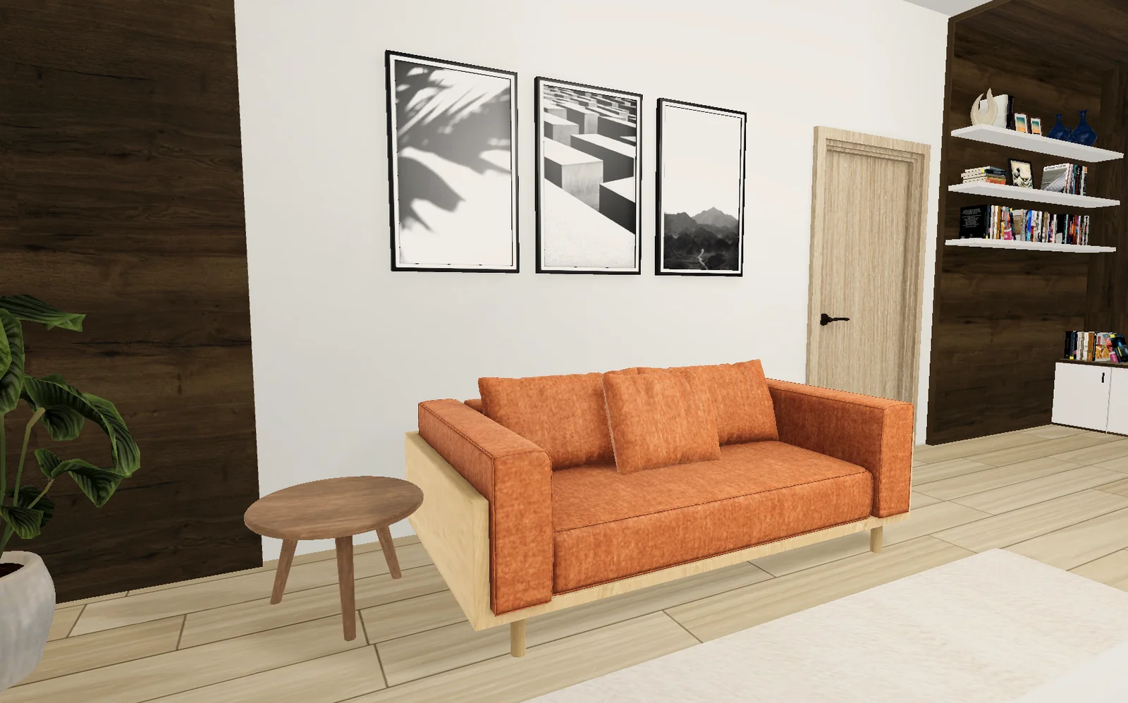 Room A with an orange sofa on a pale timber base