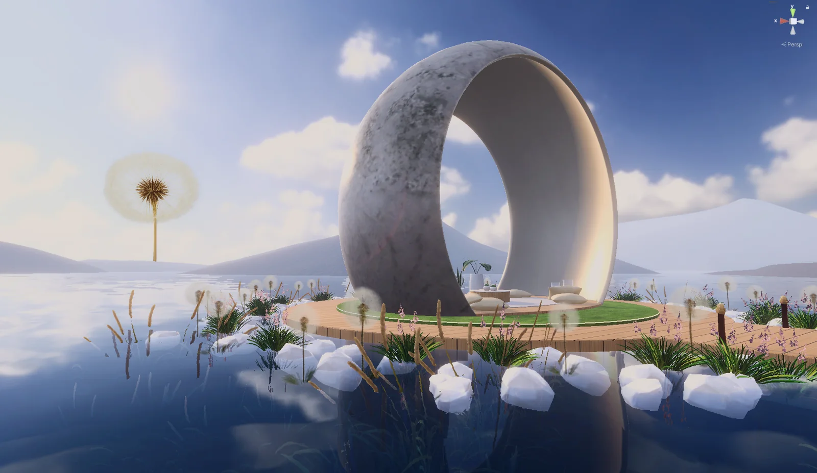 The stone ring pavilion on a round timber deck, surrounded by white rocks and water plants