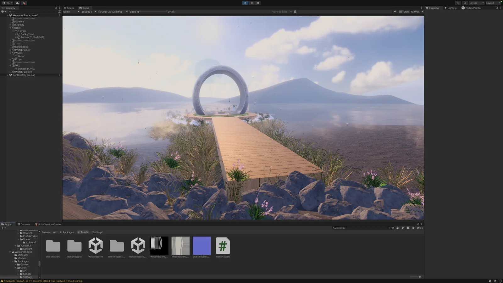 Unity Editor showing the WelcomeScene_New hierarchy, Game view and Project window