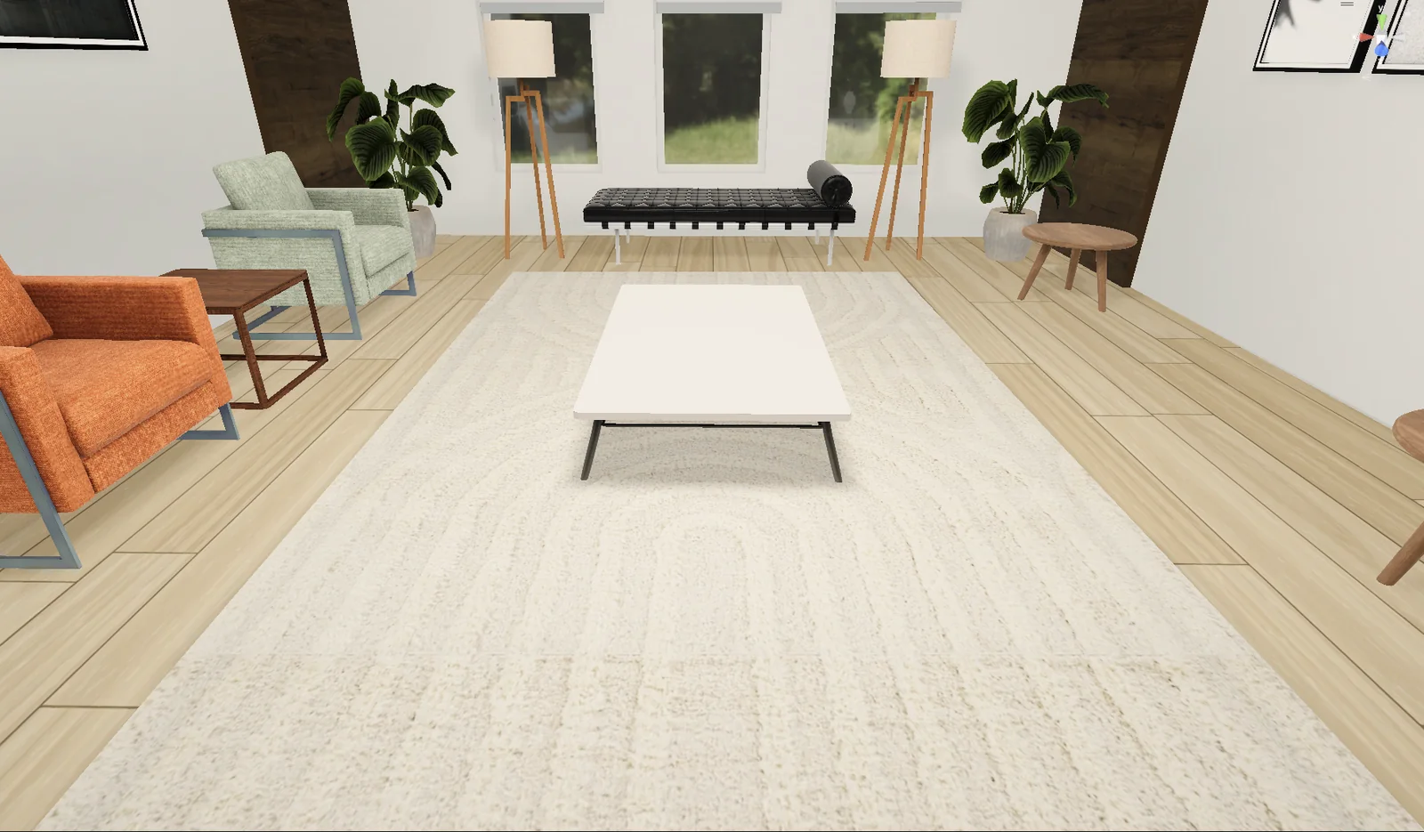 Wide view of Room A showing armchairs, a daybed and a white coffee table on a large rug