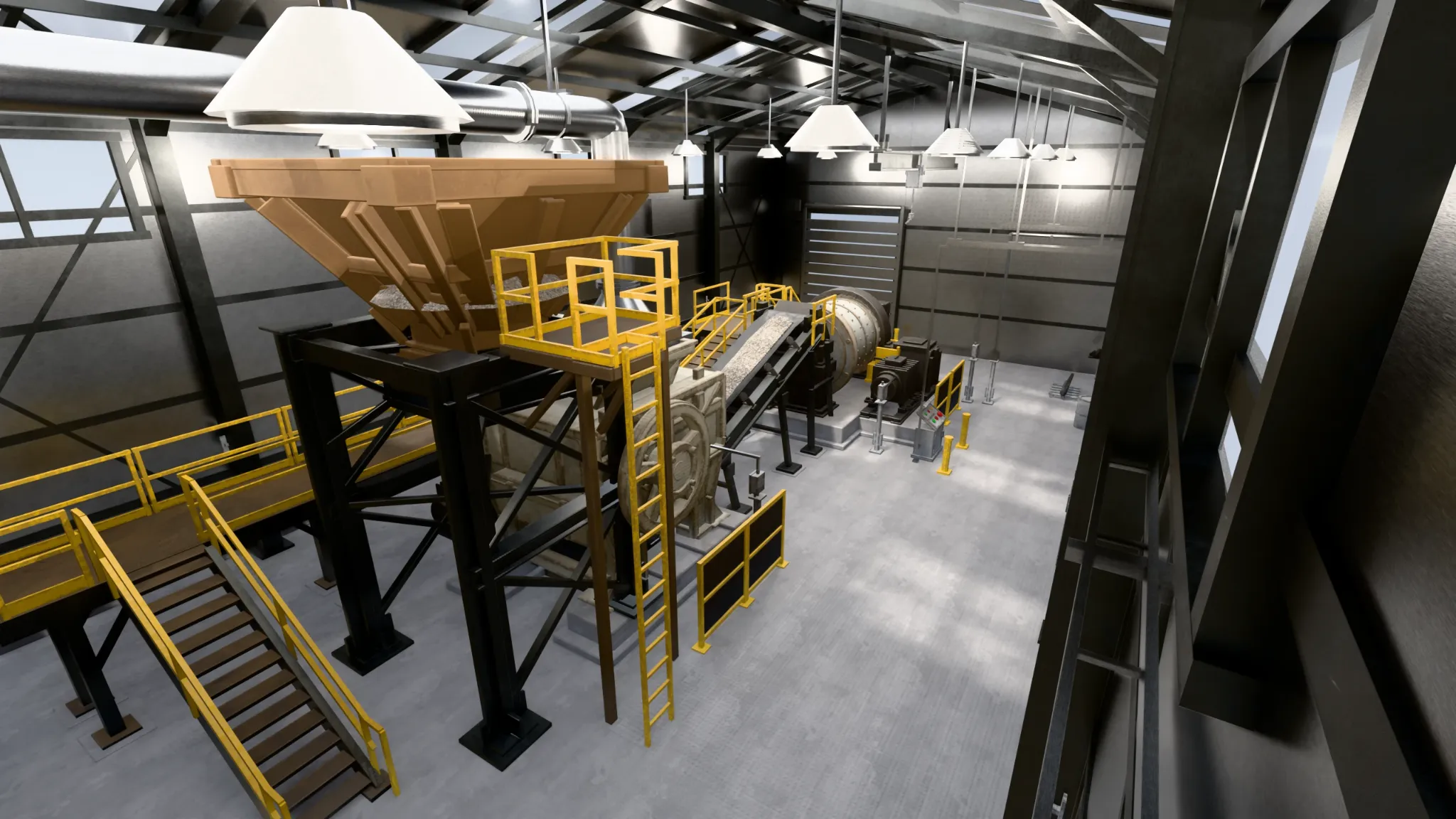 Blender rendered factory environment with conveyors, jaw crusher and mill equipment viewed from above