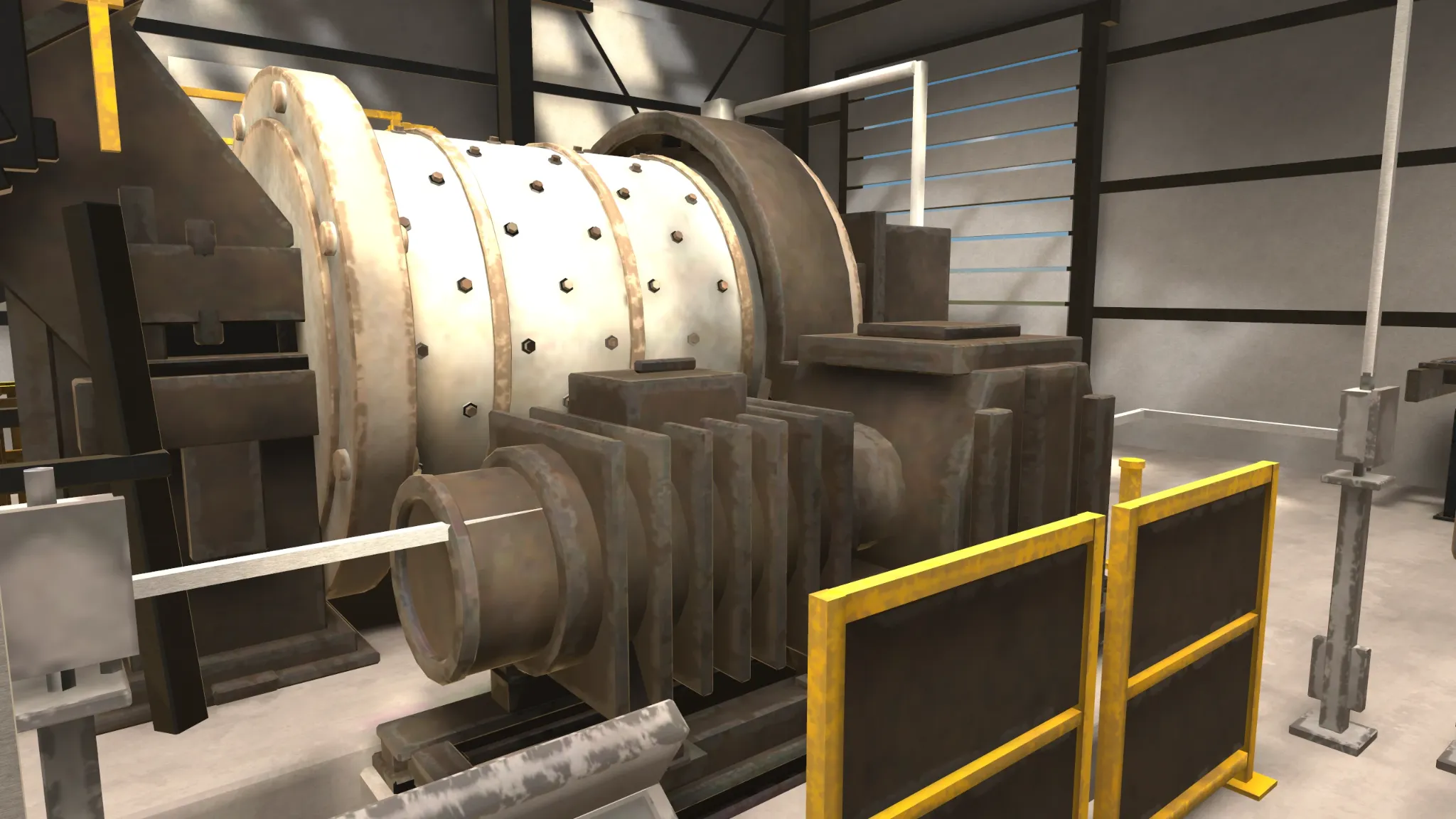 Close view of ball mill and surrounding industrial elements in Unity