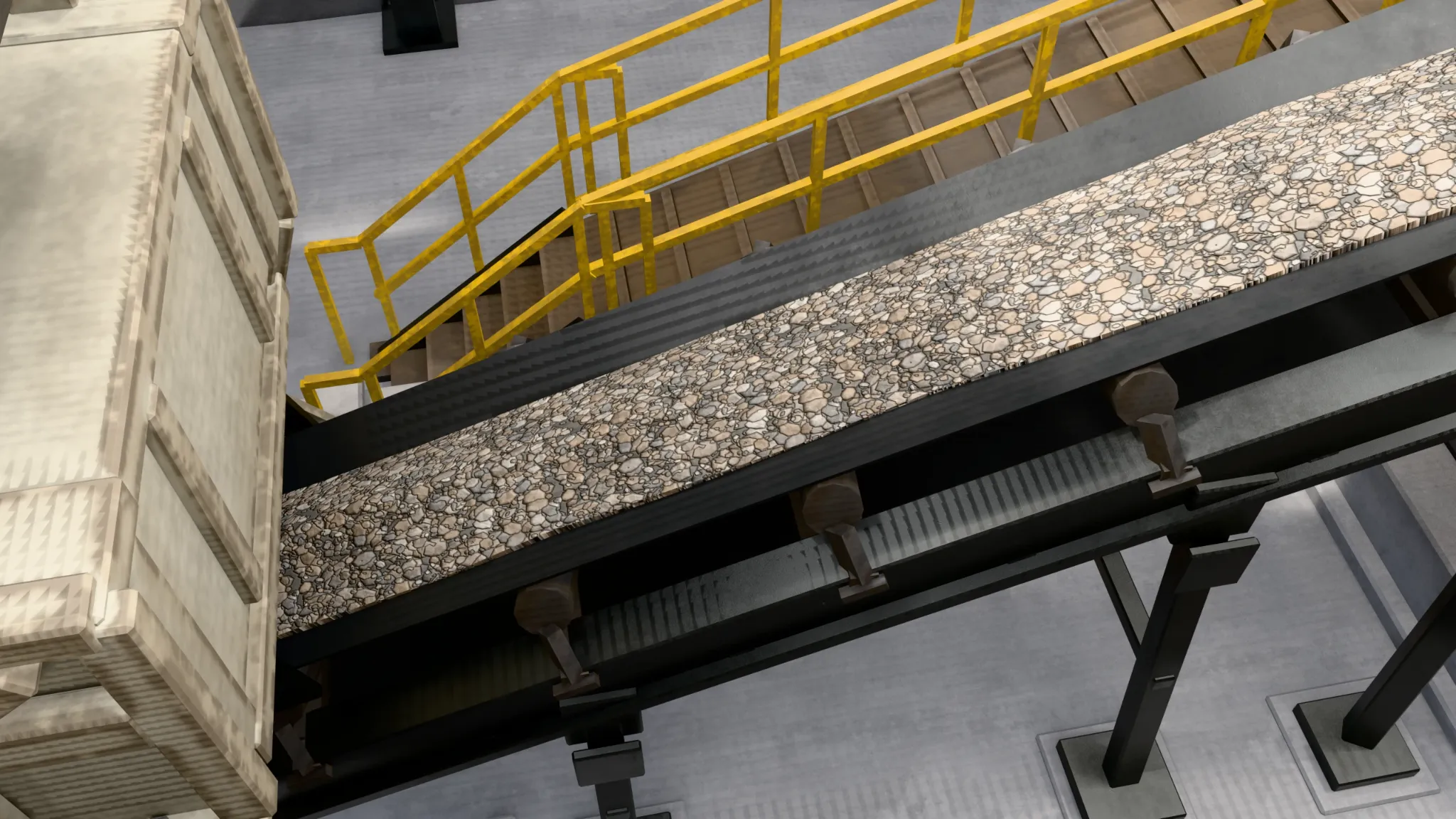 Close-up of a conveyor system with metal structures and material details