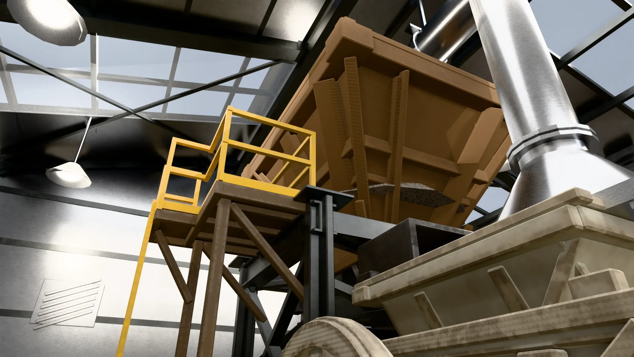 Close-up of hoppers, extraction ductwork and yellow access platform