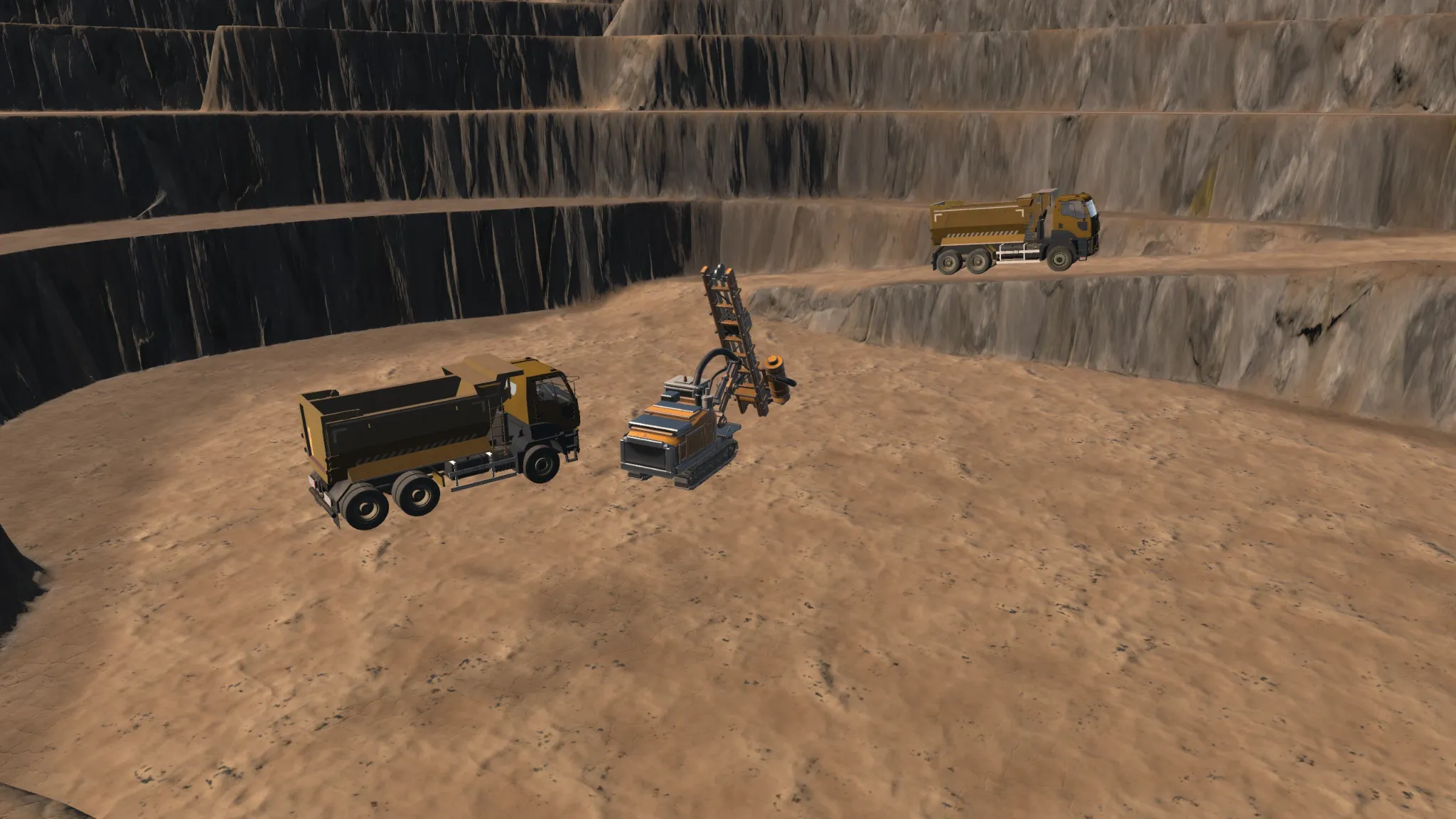 Drill rig and mining vehicle placed within the excavated terrain