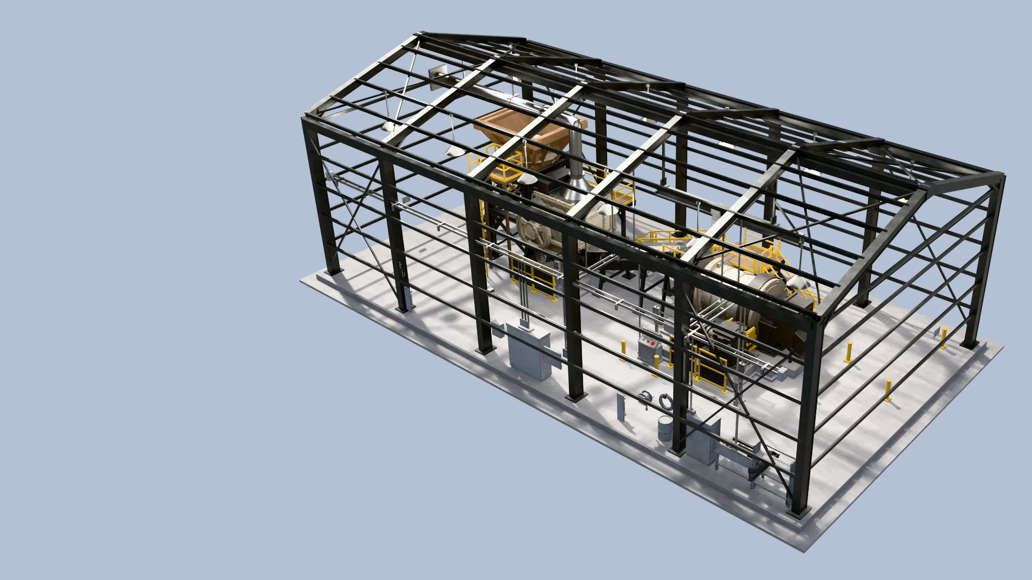 Entire industrial processing assembly shown as a modeled structure on a neutral background
