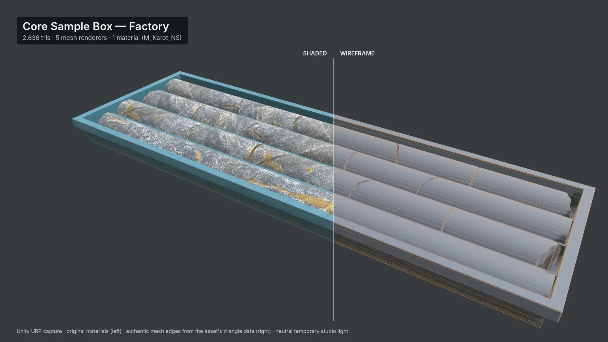 Full shaded and wireframe technical comparison of a geological core sample box