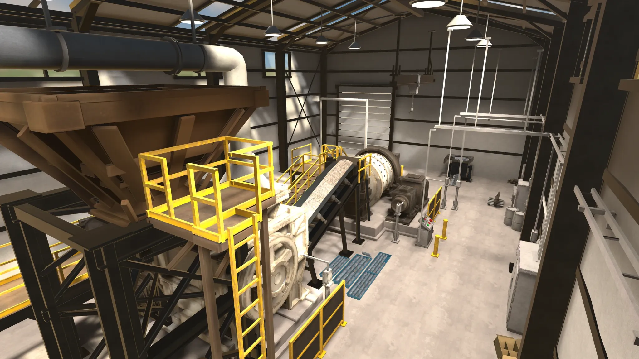 High vantage point inside the Unity factory environment showing machinery and yellow industrial access platforms