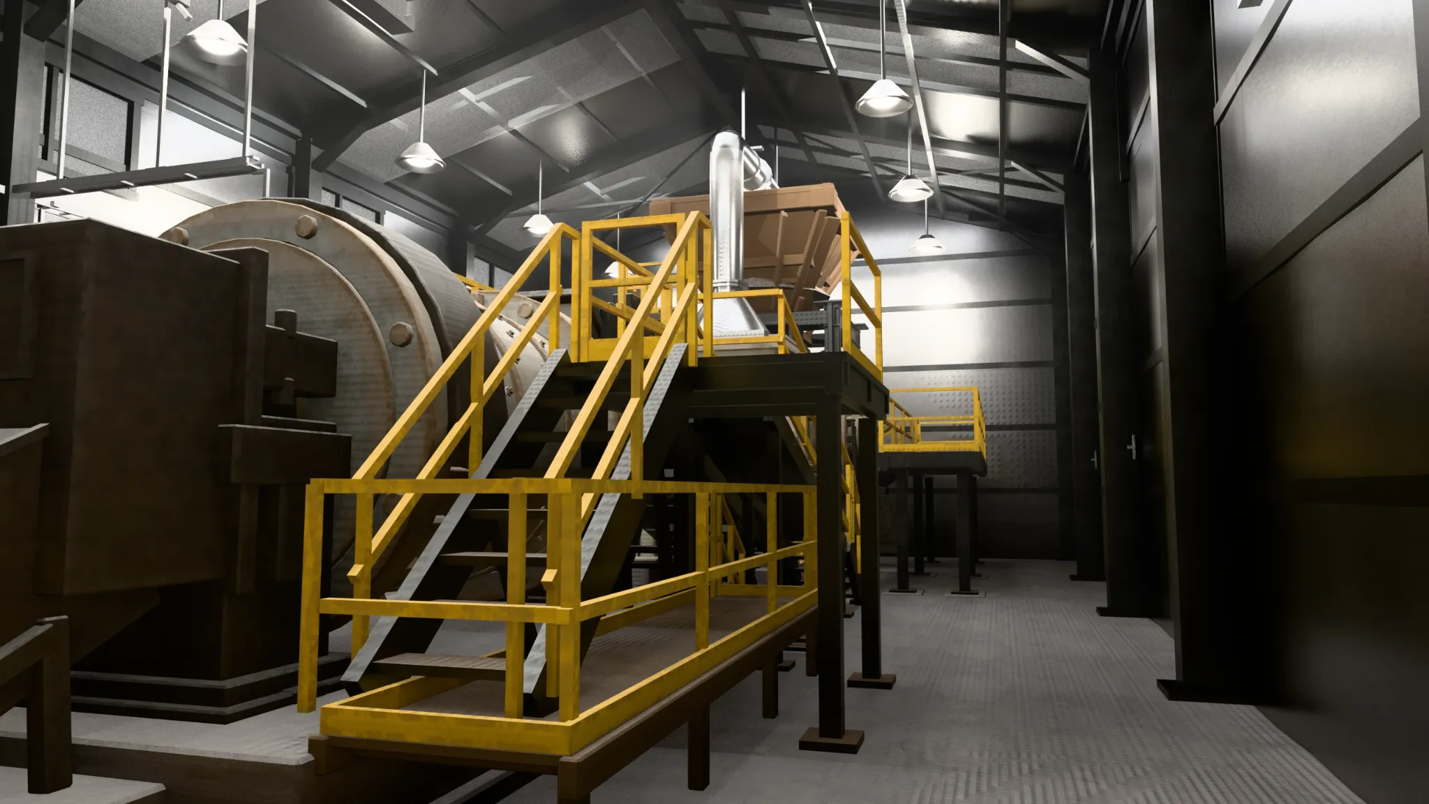Illuminated industrial factory interior with repeating machinery structures and atmospheric lighting