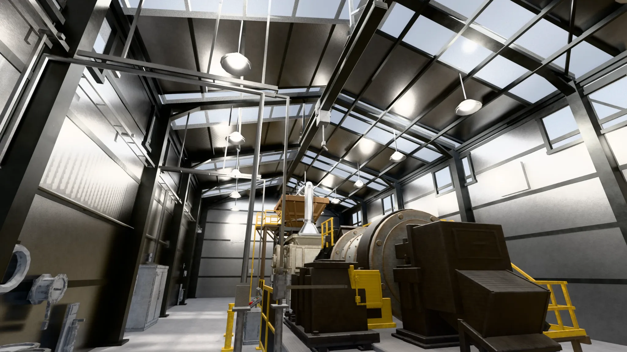 Industrial interior with rafters, roofing, suspended lights and structural elements