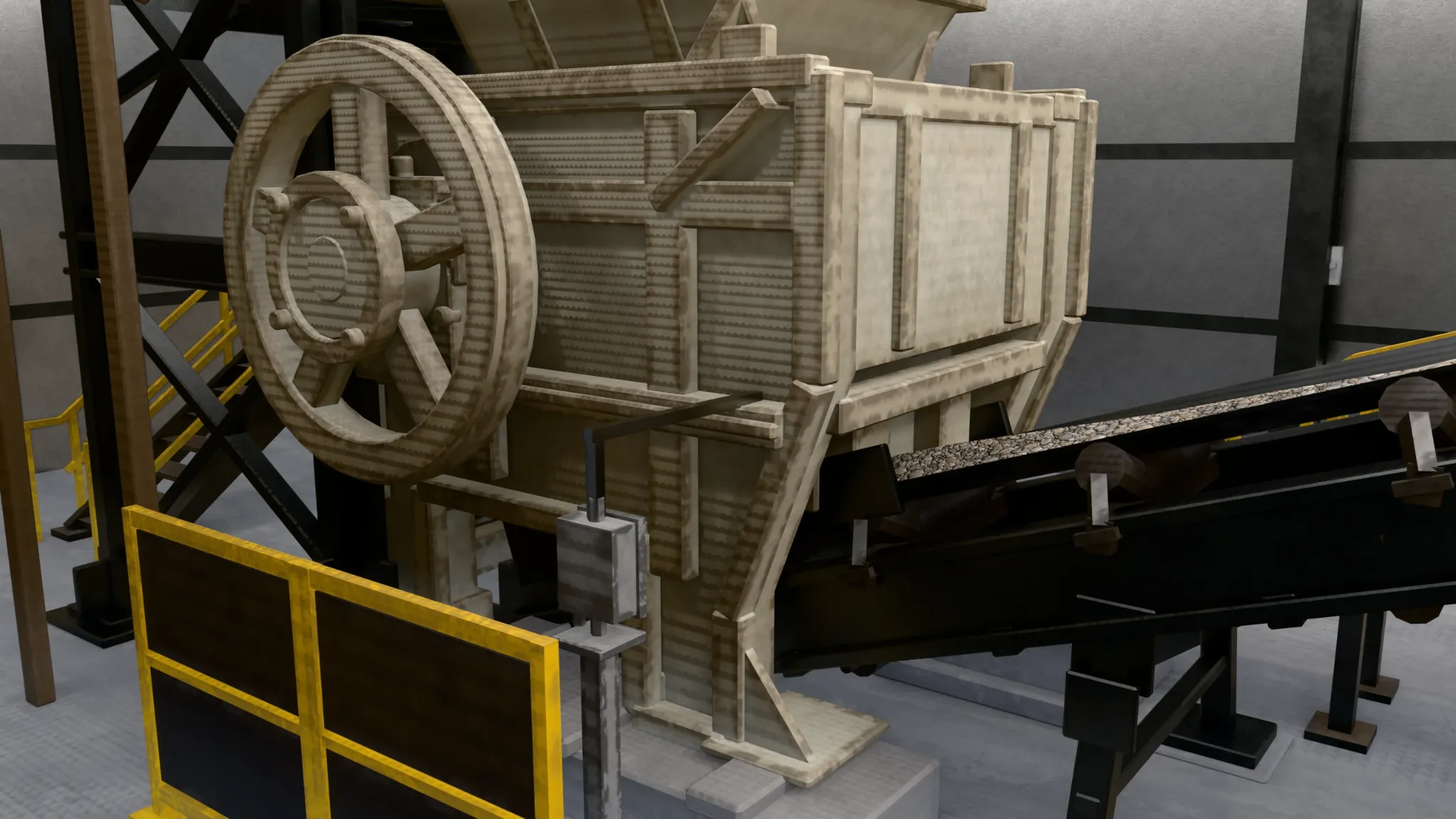 Industrial jaw crusher assembly with metal supports and textured housings