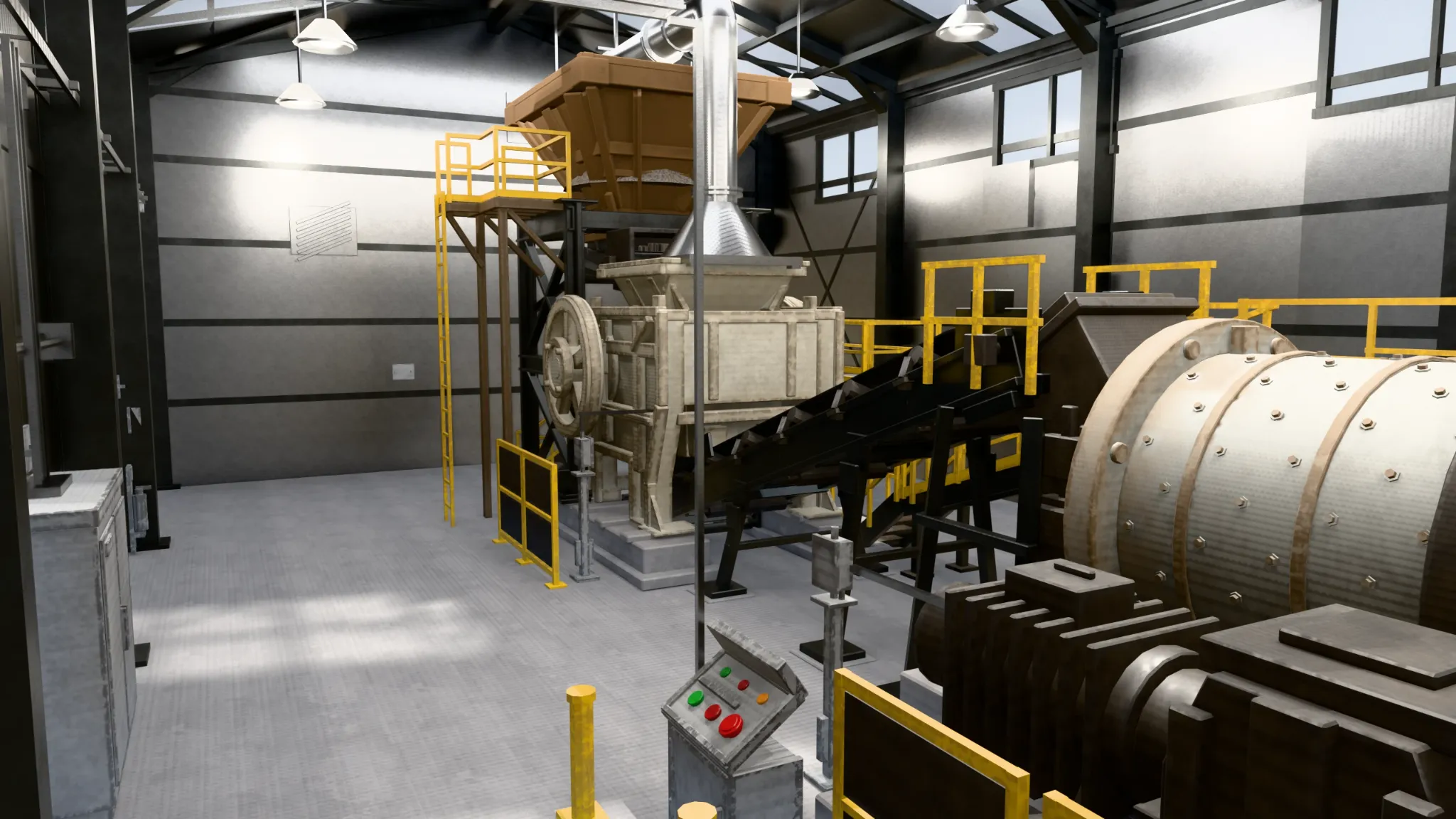 Industrial production line and mill assembly rendered in Blender