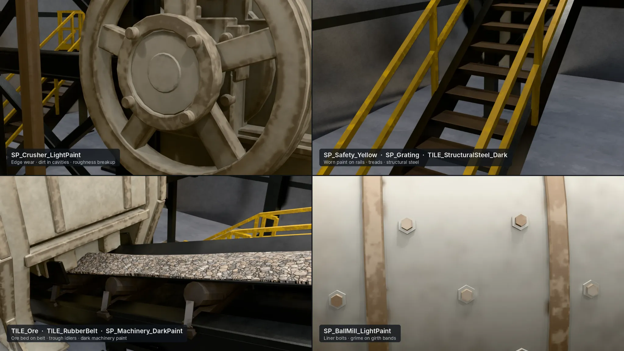Industrial surface material study showing machinery panels and close-up textured metal