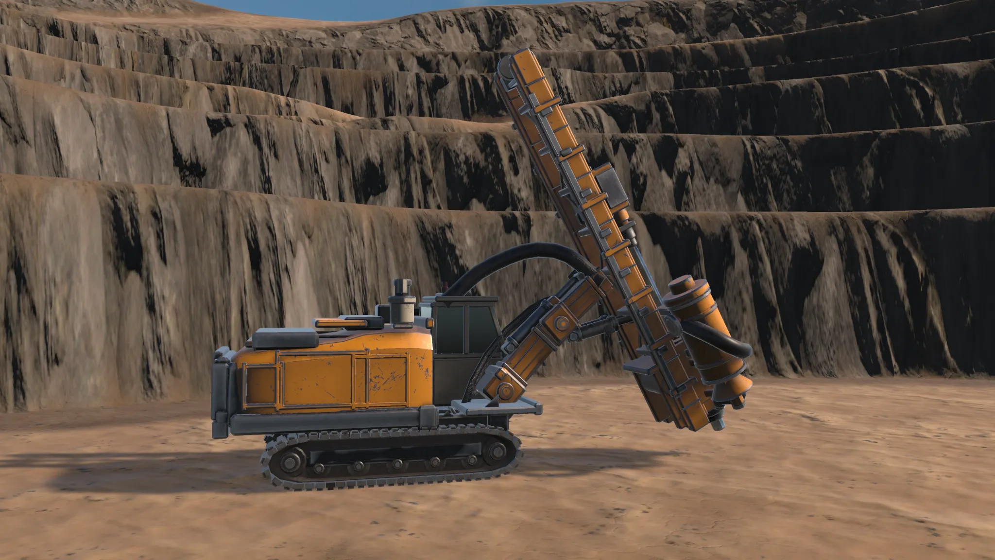 Large tracked mining drill rig with boom extended against the excavated rock surface