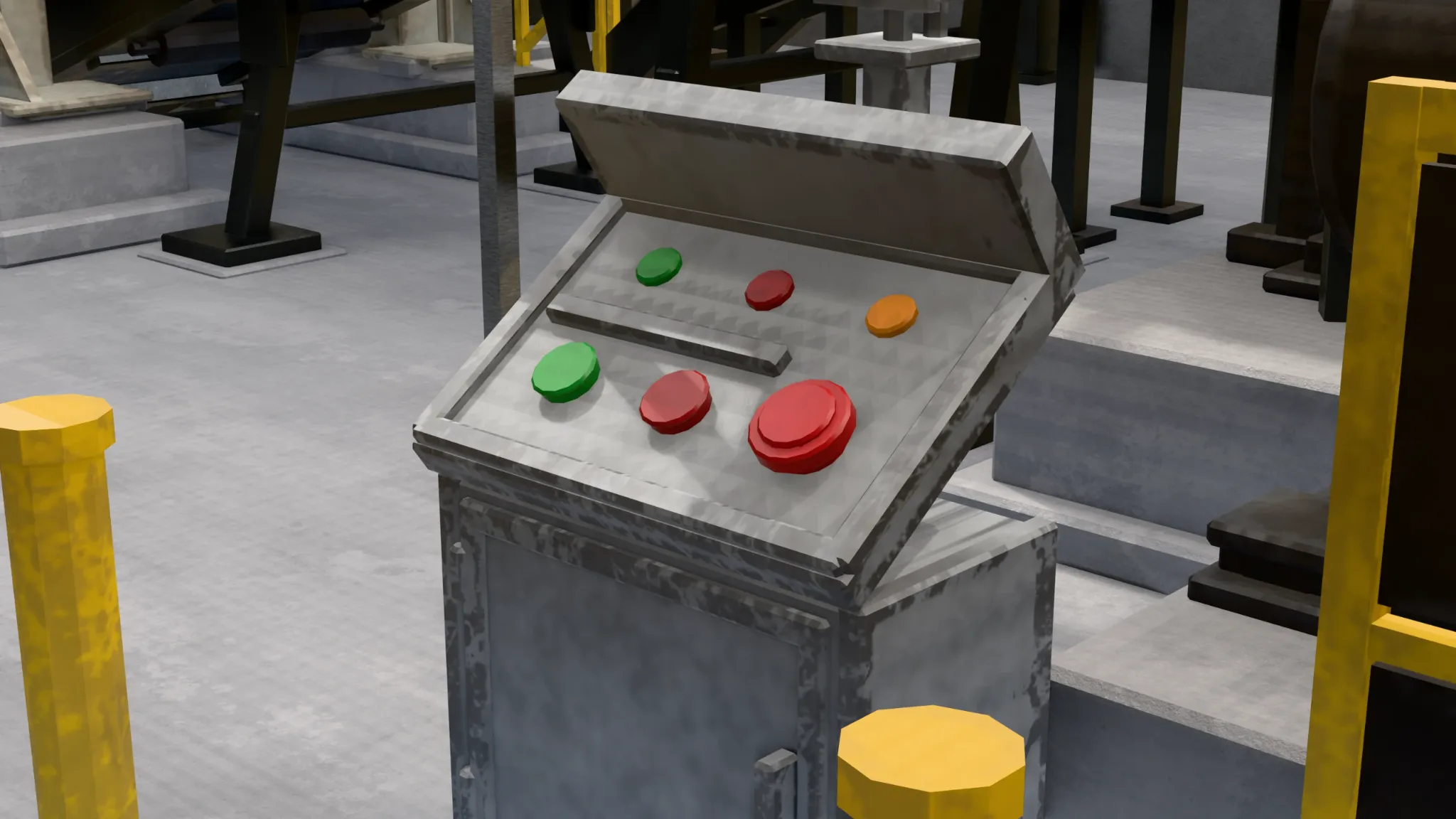 Metal industrial control panel with colored push buttons and mechanical wear