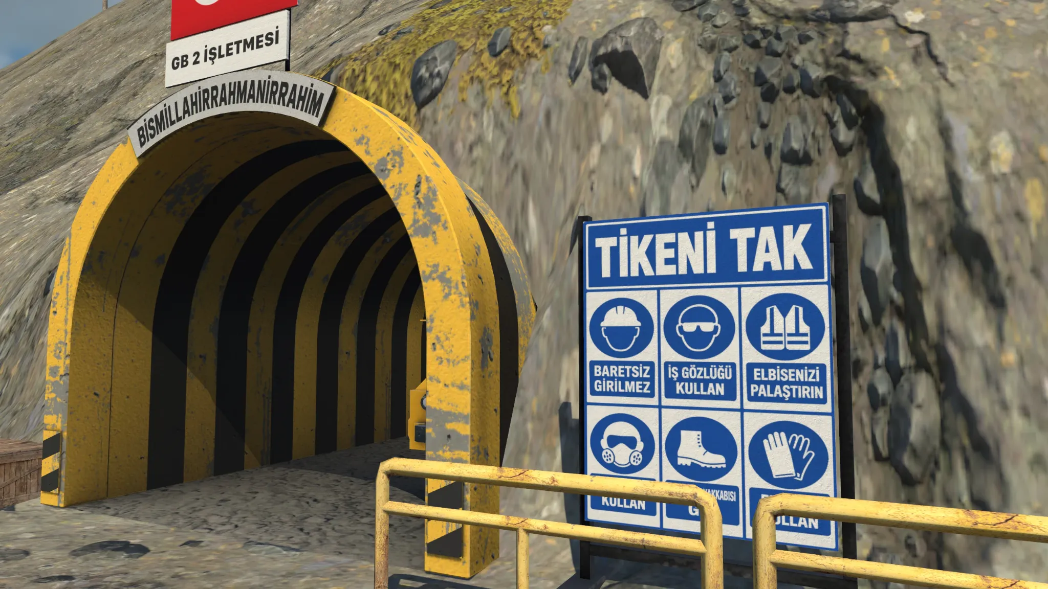 Mine entrance showing Turkish industrial safety signage, arch wear and tunnel construction