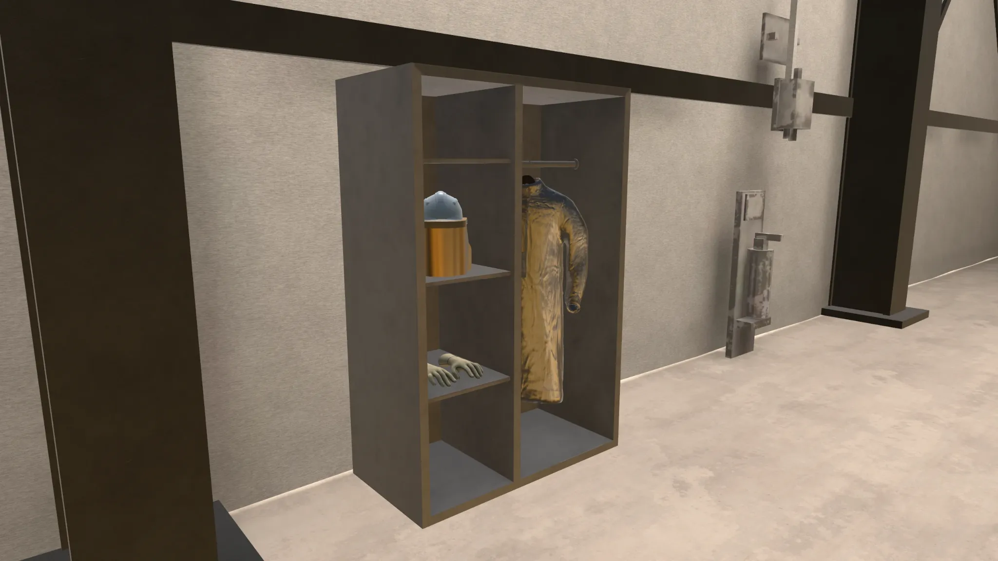 Open industrial wardrobe cabinet containing protective work equipment and clothing