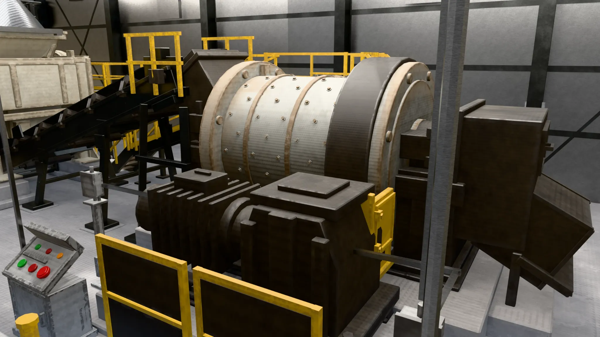 Rotating drum mill and industrial service platforms from a close viewpoint