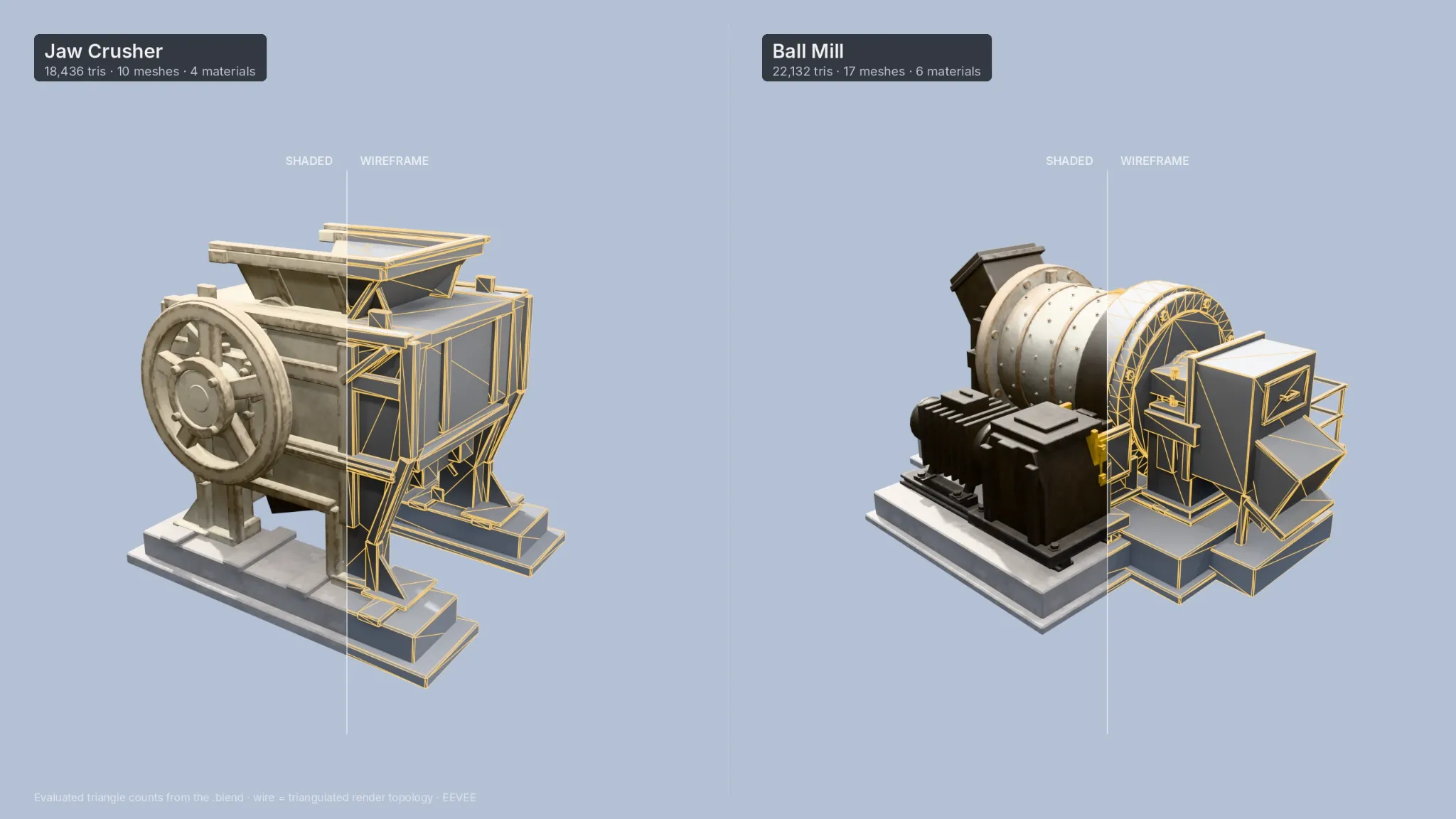 Technical asset breakdown showing separate pieces of industrial equipment on a neutral canvas