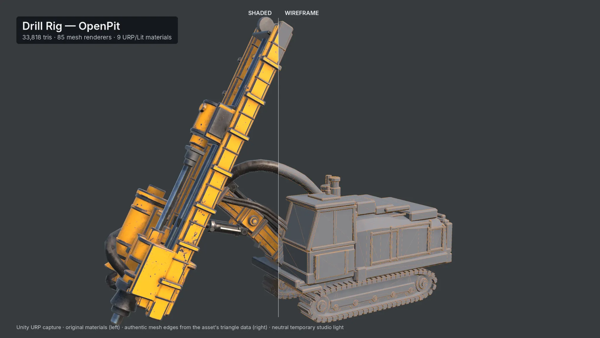 Technical illustration comparing a shaded drill rig model with its wireframe form; entire technical diagram is visible