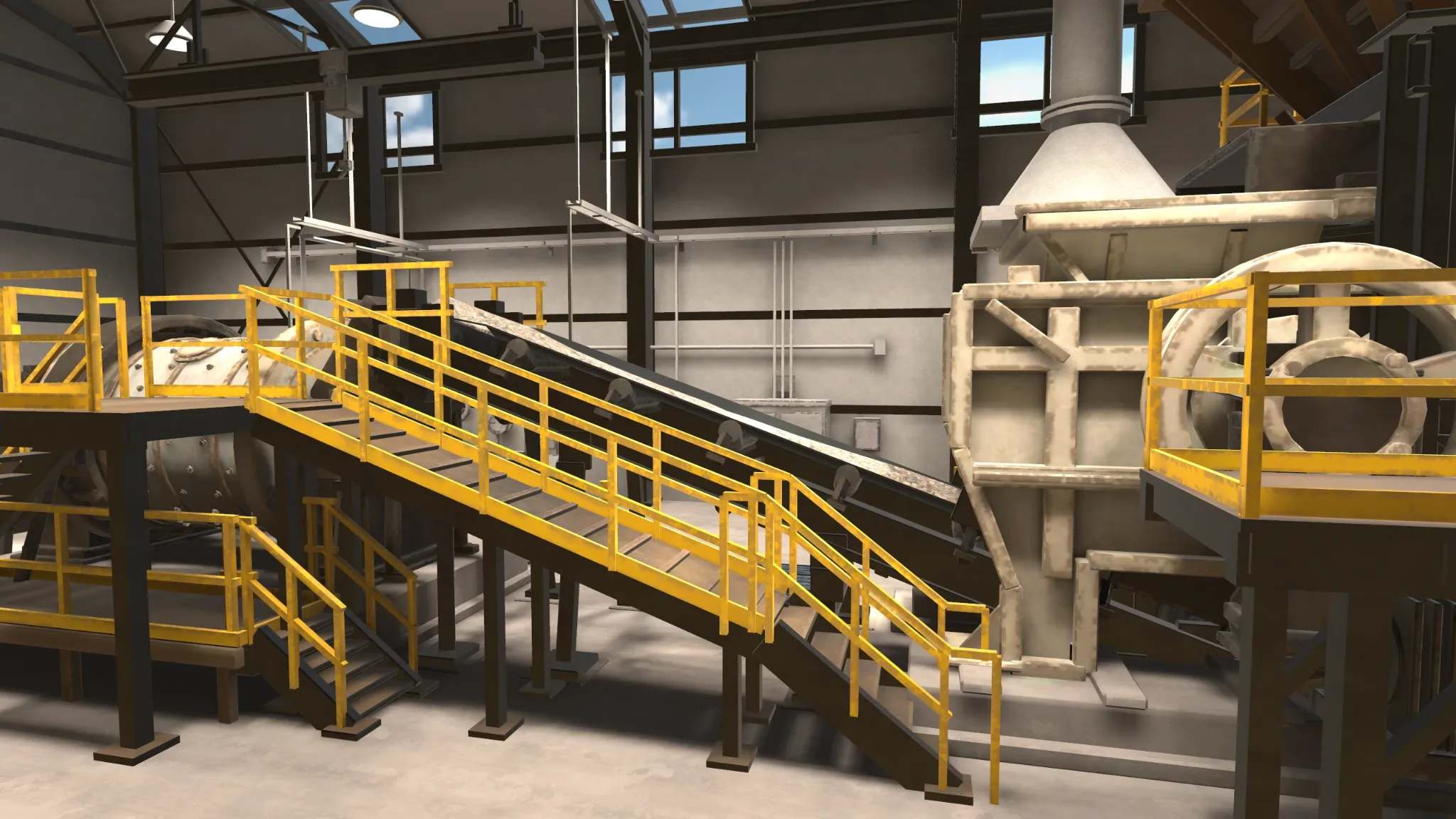 Unity factory view with production line, safety railings, platforms and conveyor
