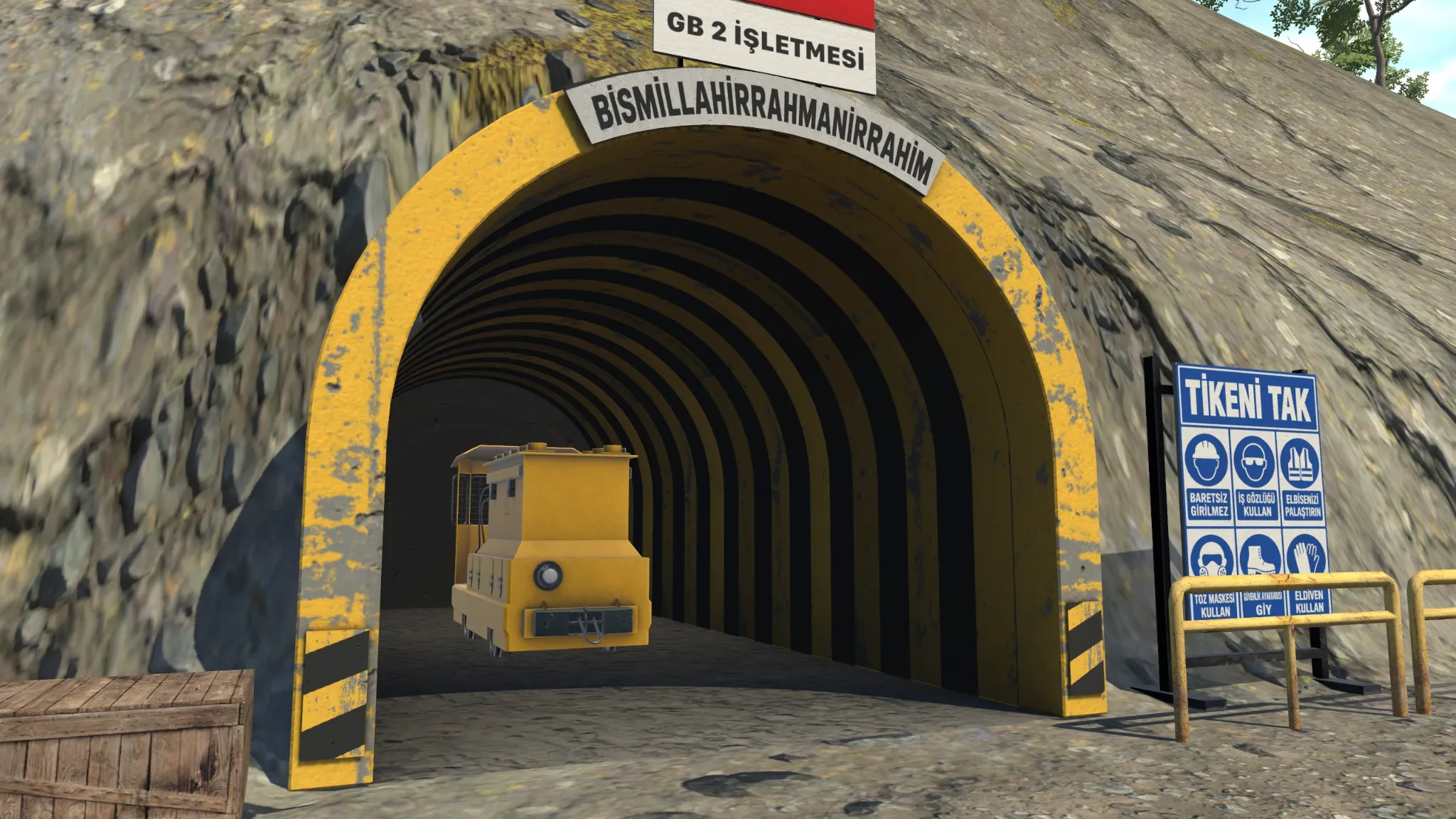 Yellow repeated arched tunnel supports receding into underground mine access