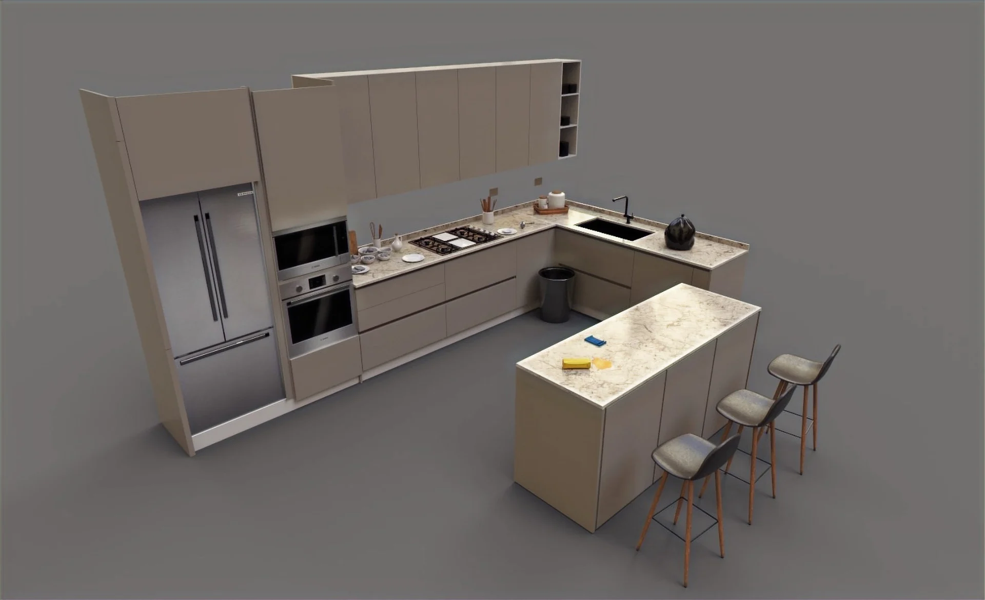 Fully modeled Bosch kitchen environment with fitted cabinetry, appliances and an island