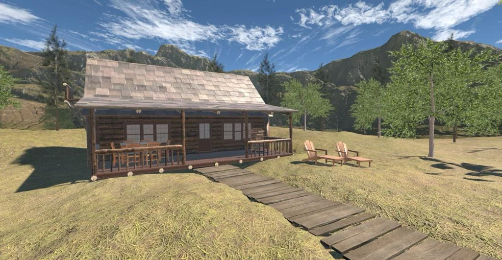 Exterior view of the VRPsiko wooden cabin with porch and pathway