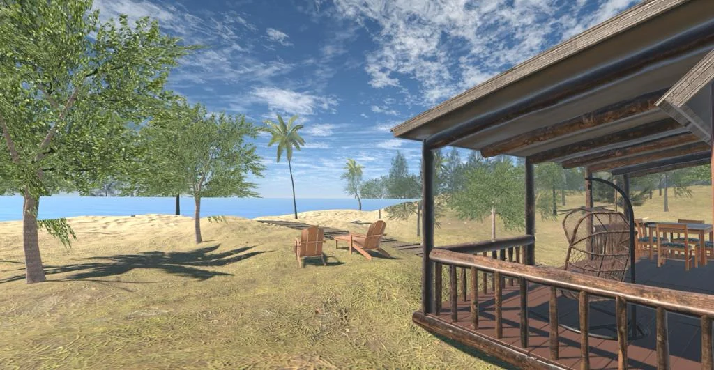 View from the VRPsiko wooden cabin porch towards the sea and outdoor seating