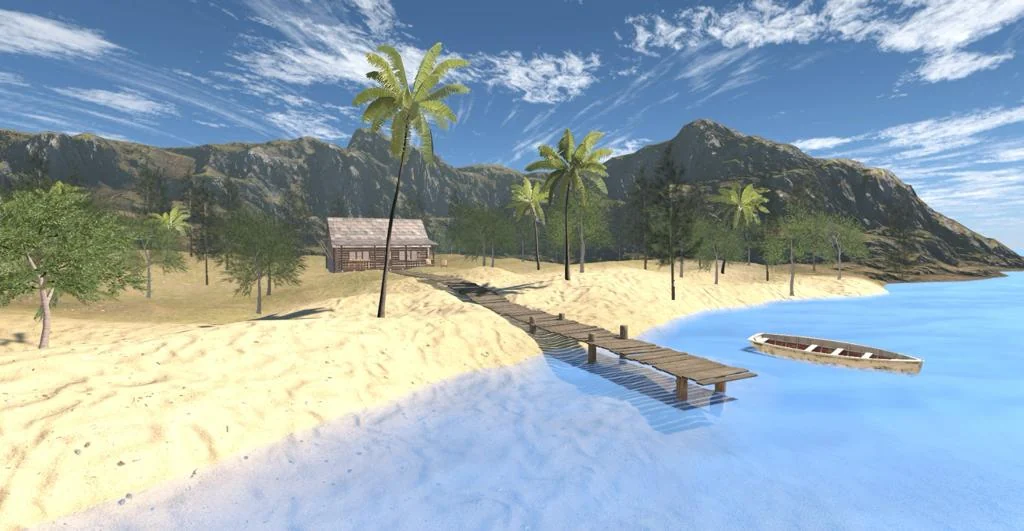 VRPsiko seaside safe-space environment with a wooden pier, boat, palm trees and cabin