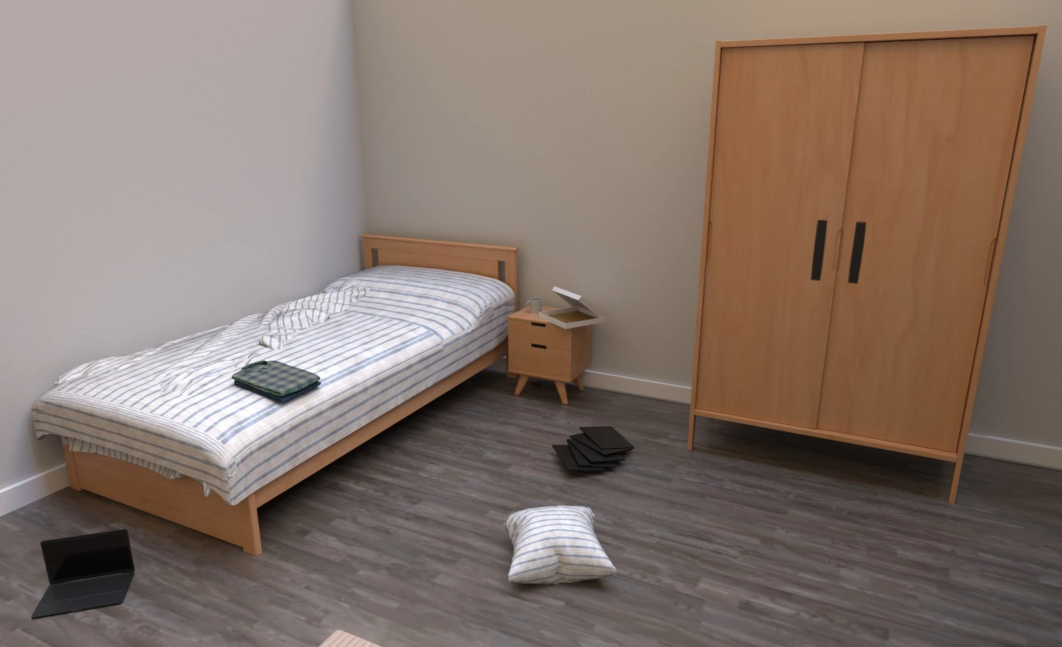 Original VRPsiko virtual bedroom environment with wooden bed and wardrobe