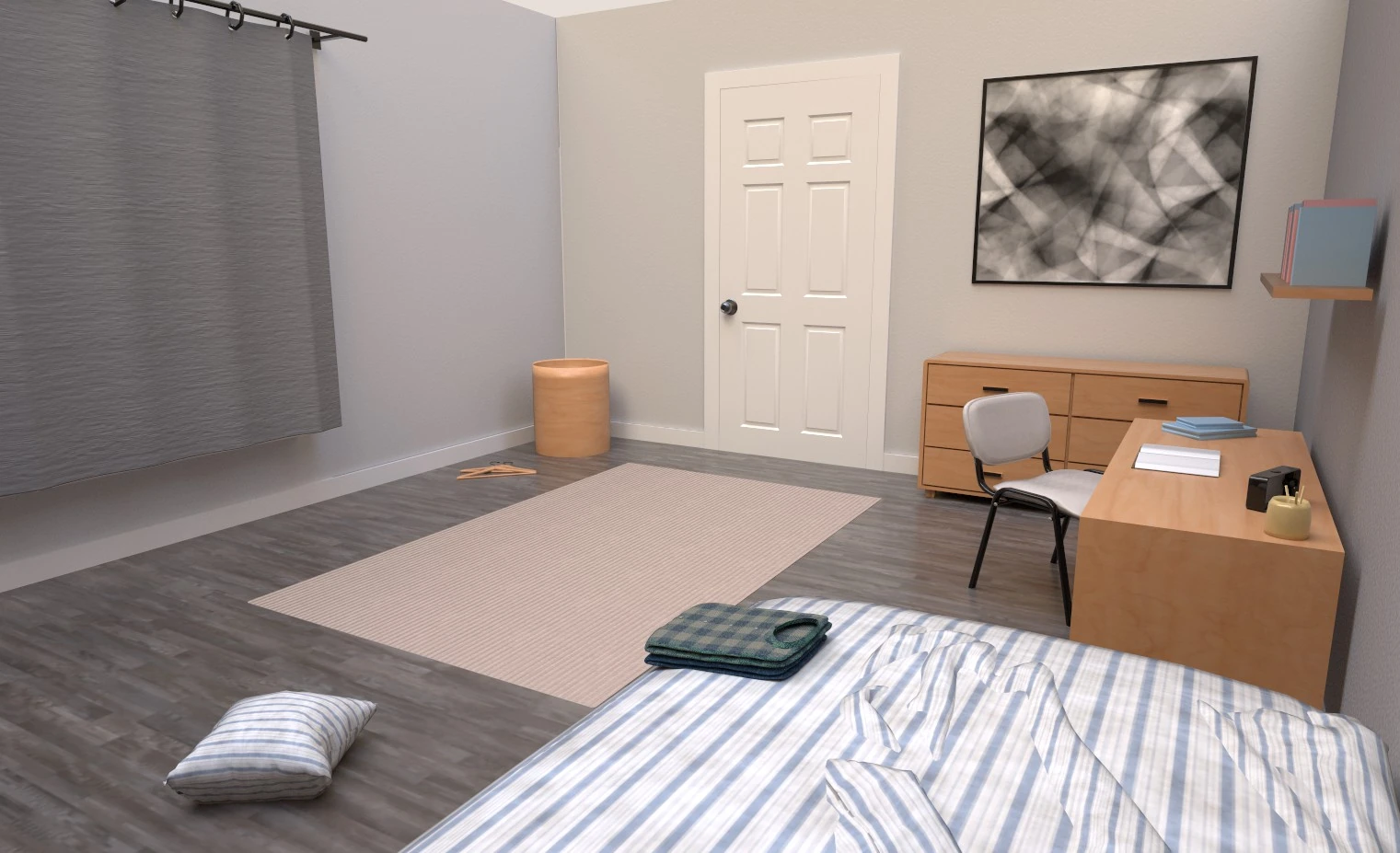 VRPsiko bedroom scene — desk, rug, shelving, chair and scattered belongings