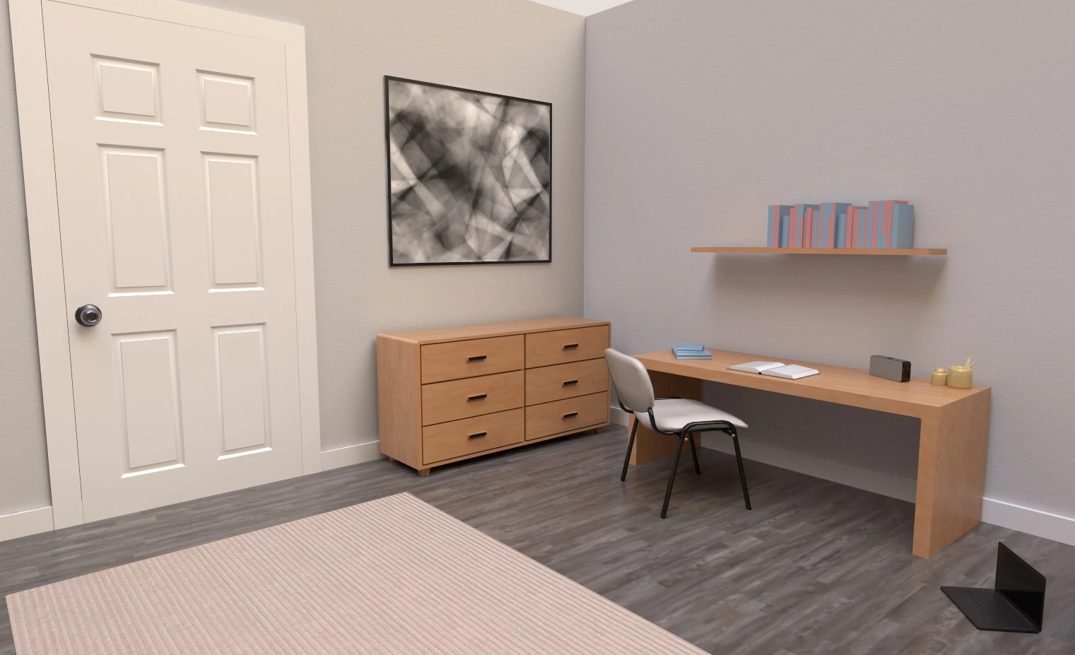 VRPsiko virtual room — desk, dresser, door and interaction props