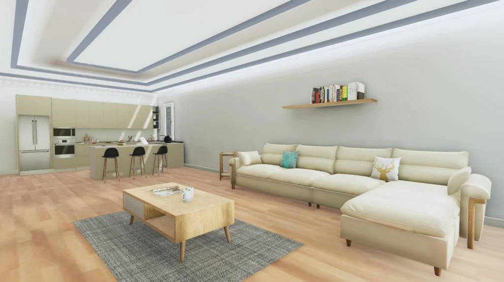 VRPsiko furnished interior with open kitchen and living room seating, Unity render